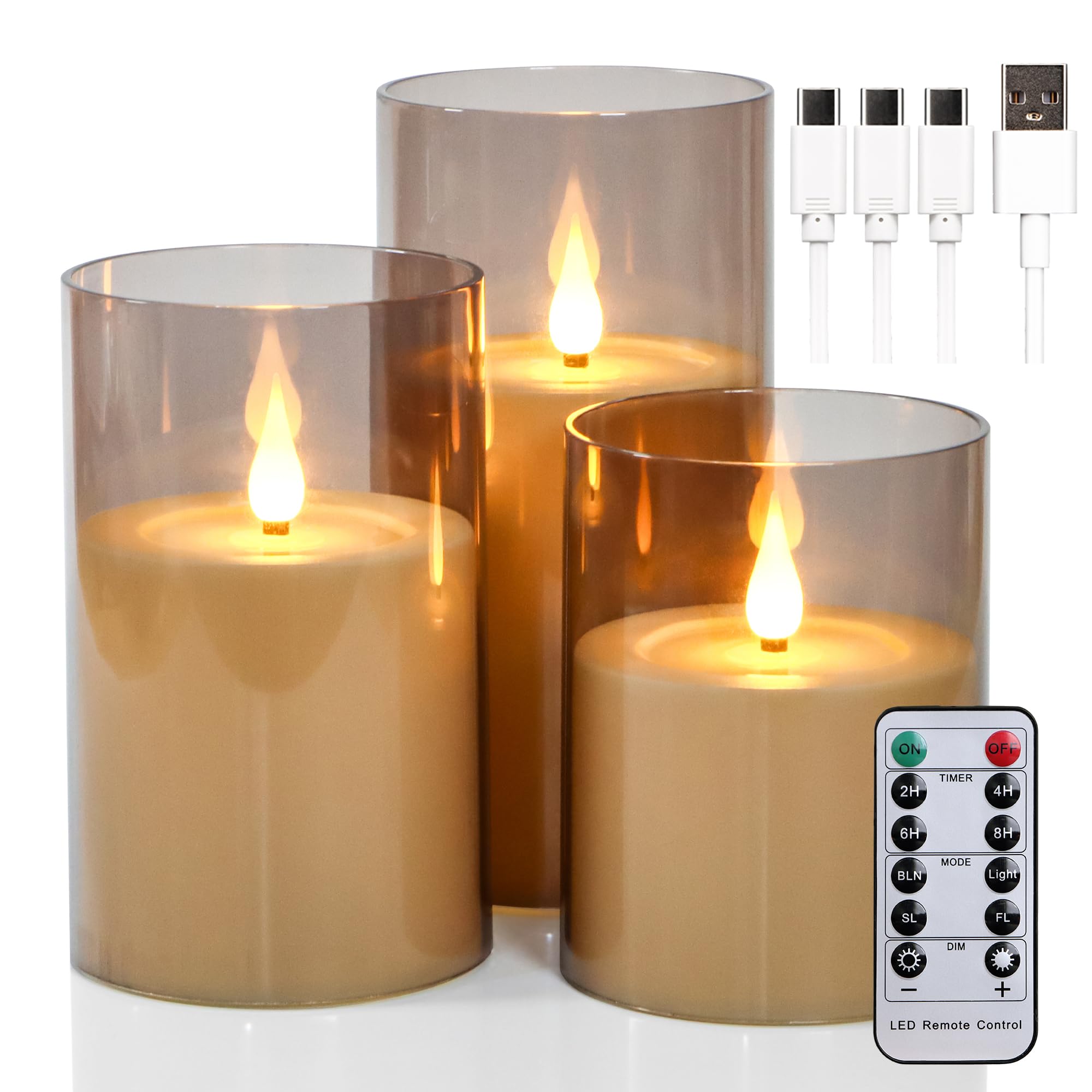 Yunsheng Rechargeable (Grey Shell) Rechargeable Flameless Candles With Timer And Remote, 3Pcs Led Flickering Candles Battery Operated With Acrylic Shell, Teardrop Wick And Melting Wax Design Pillar Candles For Home Decor