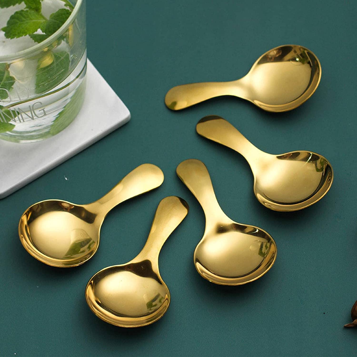 Cucharas De Mesa Mango corto Postre Cuchara de acero inoxidable Spice Spoon Condimento Té Café Scoop Cocina Herramientas Sopa Antigoteo Servir(Blue,Silver)