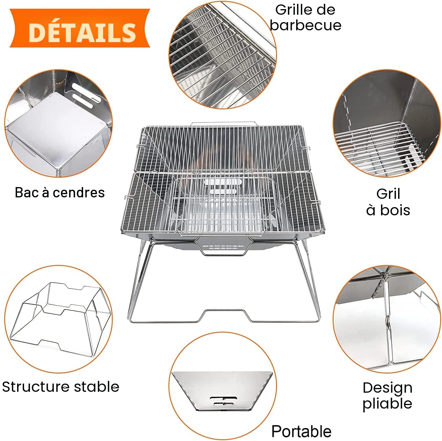 Grille de Barbecue Pliable Foyer en Acier Inoxydable Portable Barbecue au Charbon de Bois Relevable avec Sac de Transport