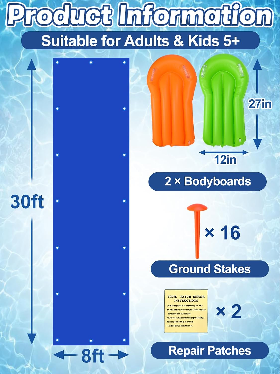 30 x 8 ft Extra Wide Lawn Water Slide with 2 Inflatable Bodyboards - Thick Durable Slick Waterslide for Kids & Adults, Easy to Set Up with 16 Ground Stakes, Outdoor Backyard Fun Water Games for Summer