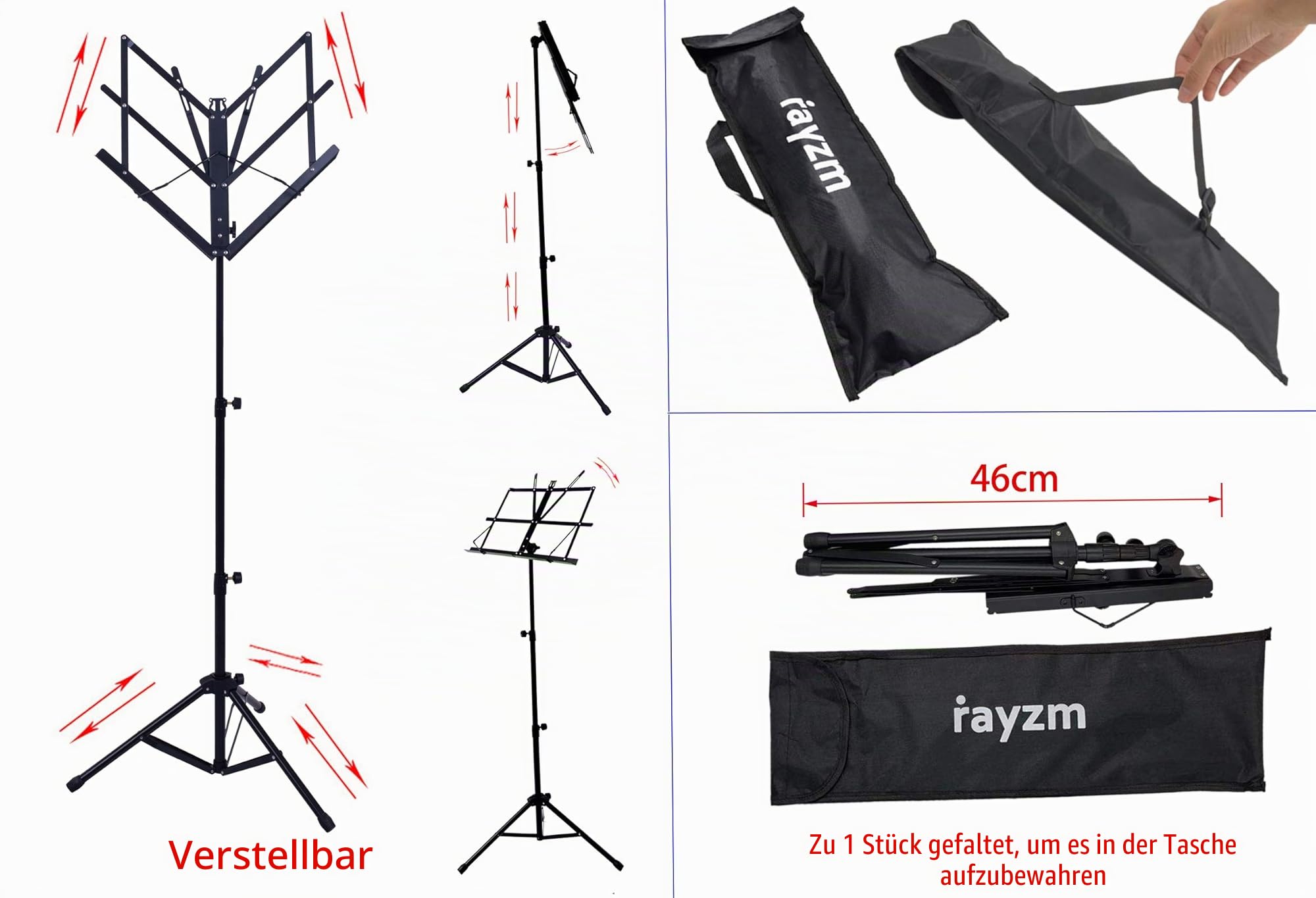Rayzm Musik Notenständer, Robuster tragbarer klappbarer Metallständer mit Tragetasche, Einstellbare Höhe, Maximale Belastbarkeit 1,5kg, Leicht und Kompakt zum lagern und reisen