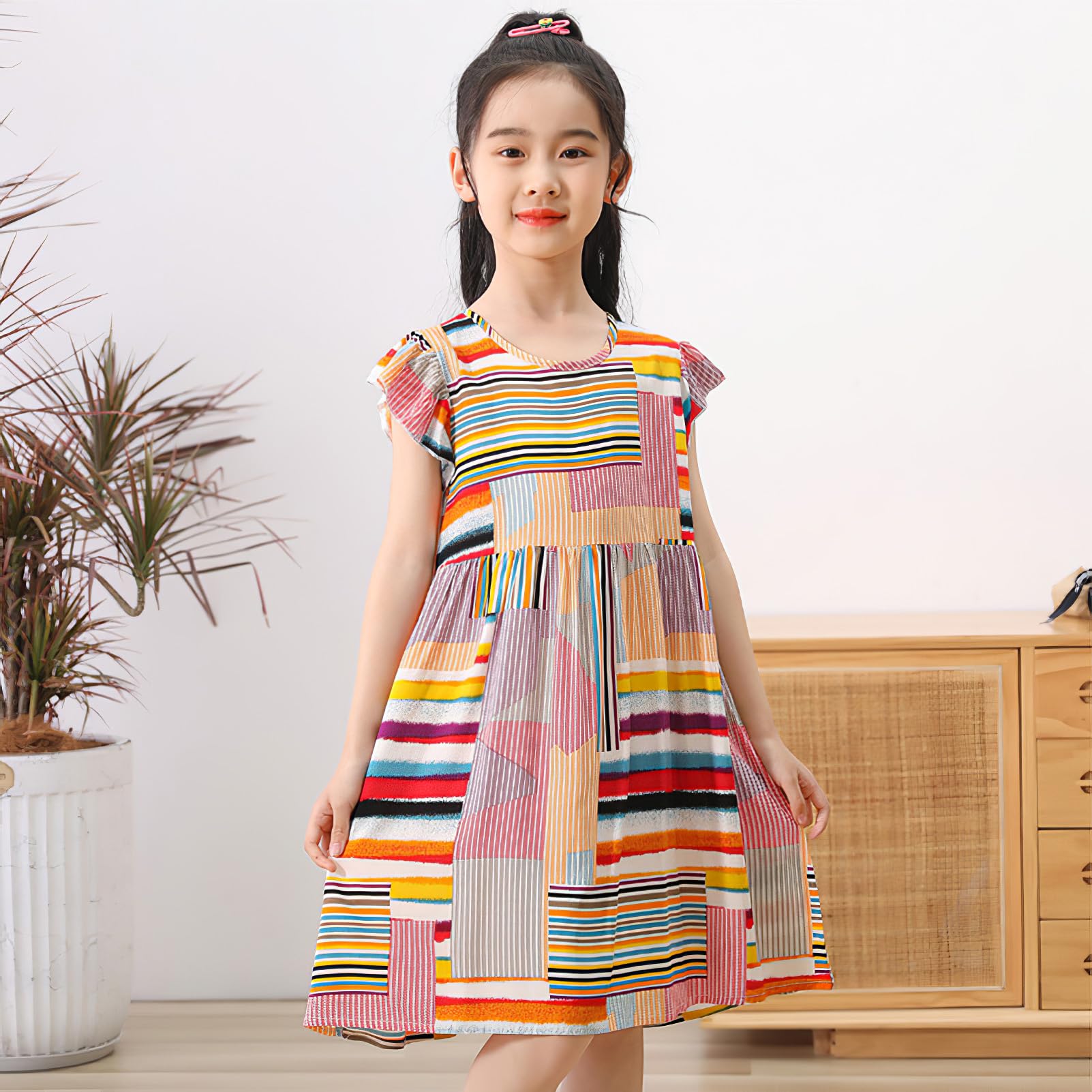 amropi Lot de 3 Robe Fille Fleurs Imprimée Coton Manches Volantes Casual Été Robe pour 1-12 Ans