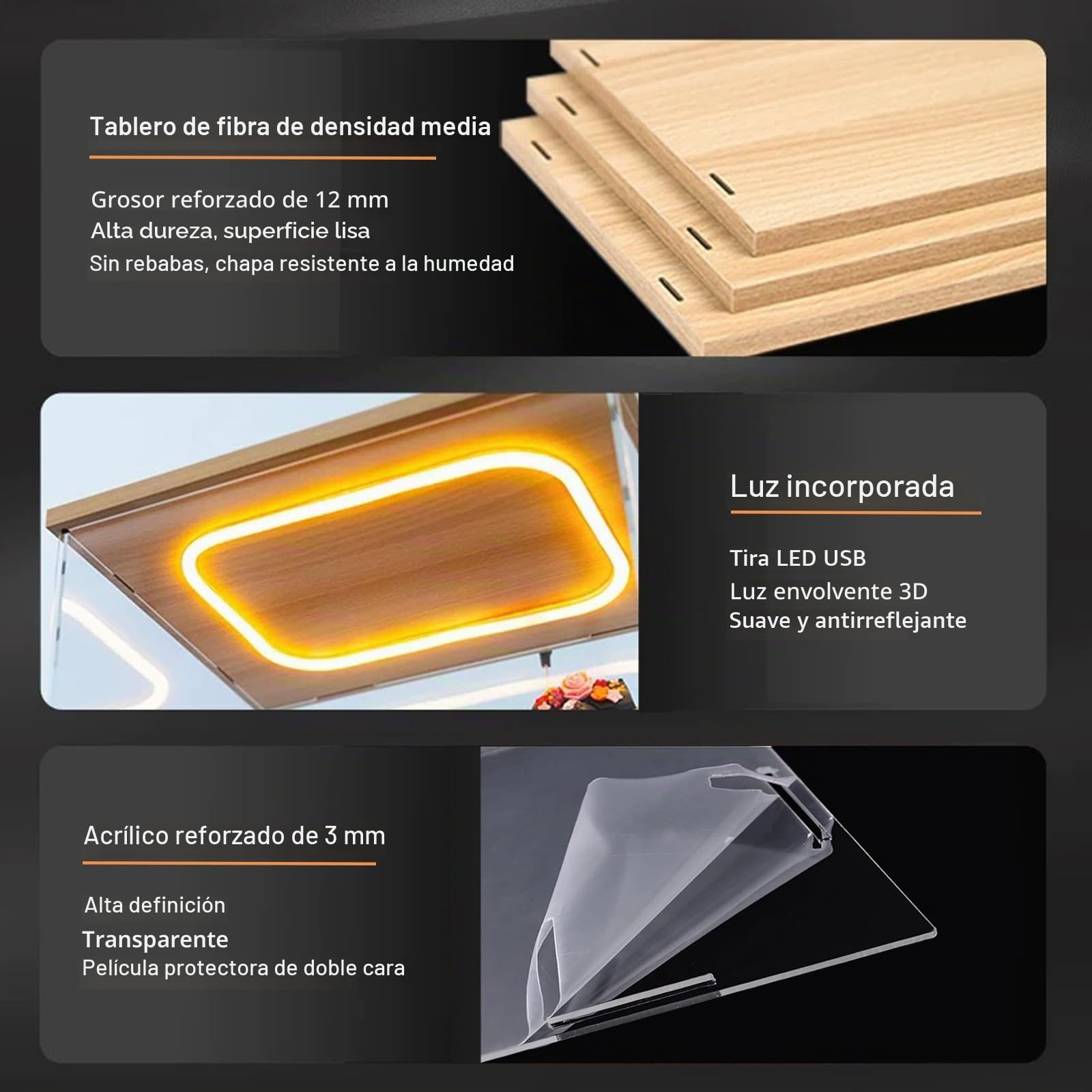 Vitrina Expositora Transparente Acrílico Luz LED, Madera 60x10x20cm