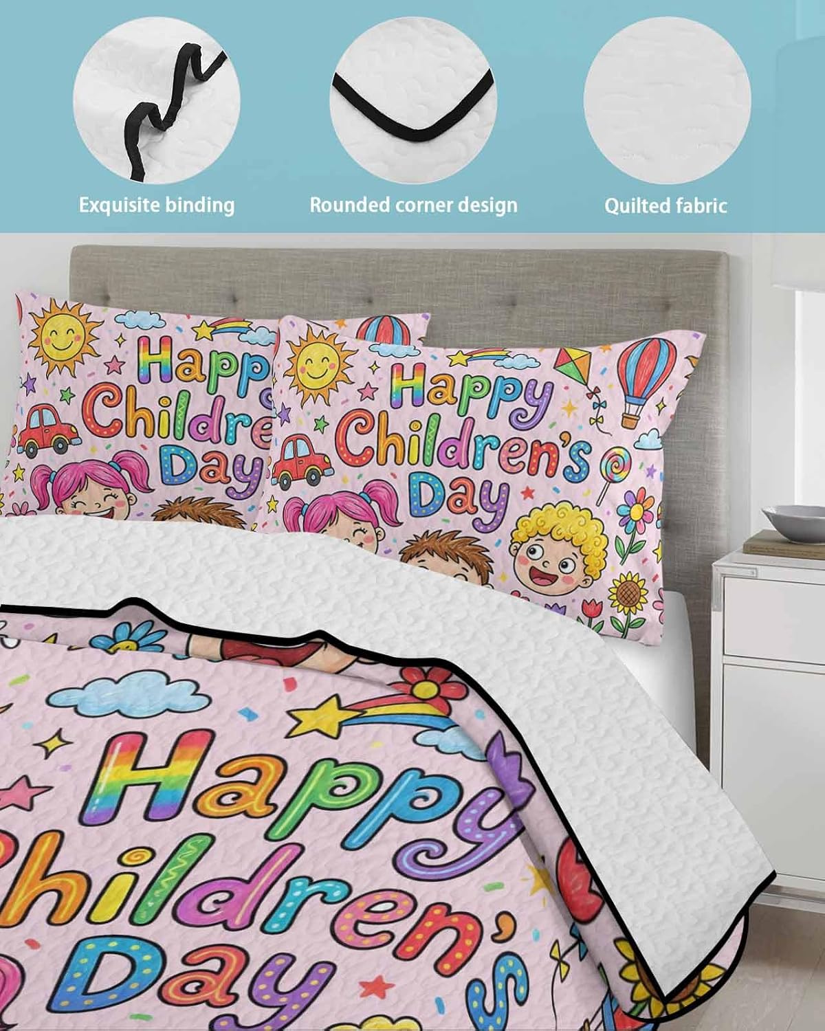 Queen Quilt Set, Cartoons Flowers Happy Children's Day Lightweight Soft Microfiber Summer Bedspread Coverlet with 2 Pillow Shams, Lovely Hot Balloons 3 Piece Bedding Set for All Seasons