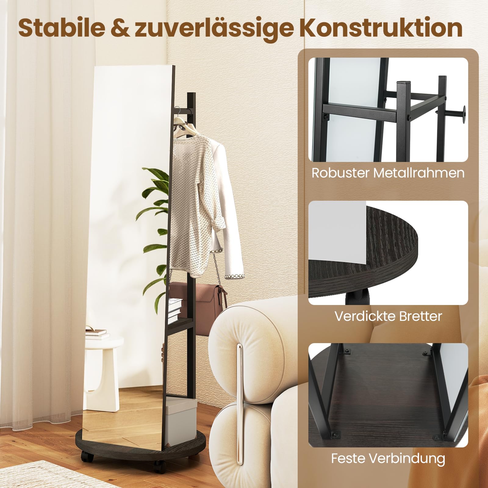 COSTWAY 2 w 1 wieszak na ubrania z lustrem na całe ciało, wieszak na ubrania z 3 haczykami, półkami i kółkami, wolnostojące lustro do sypialni, szafy na ubrania i korytarza