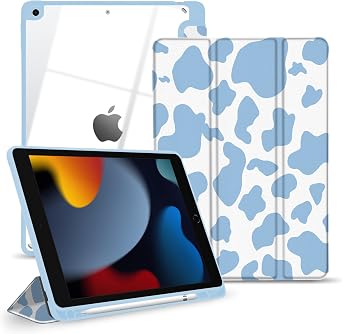 Hybrid Slim Case for iPad 9th / 8th / 7th Generation 2021/2020 / 2019 10.2 Inch - Shockproof Cover with Clear Transparent Back Shell, [Pencil Holder, Auto Sleep/Wake] Blue Cow
