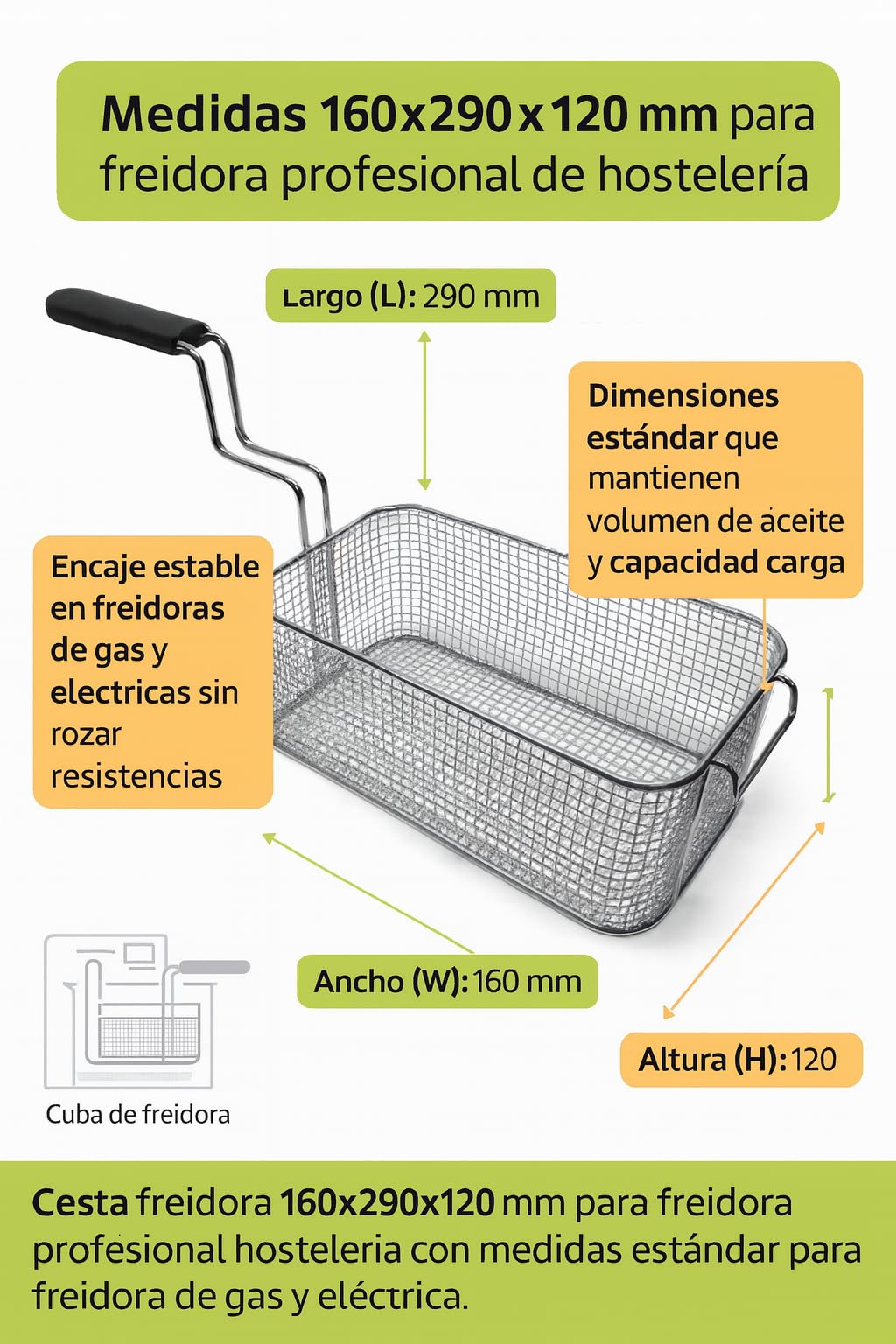 CubetasGastronorm ® Cesta Freidora 160x290x120mm Acero Inoxidable Universal compatible con Bezzera Carimali Colged Eurast Giorik Elettrobar Ims Mbm Promac Rancilio Rosinox Silko Uso Profesional