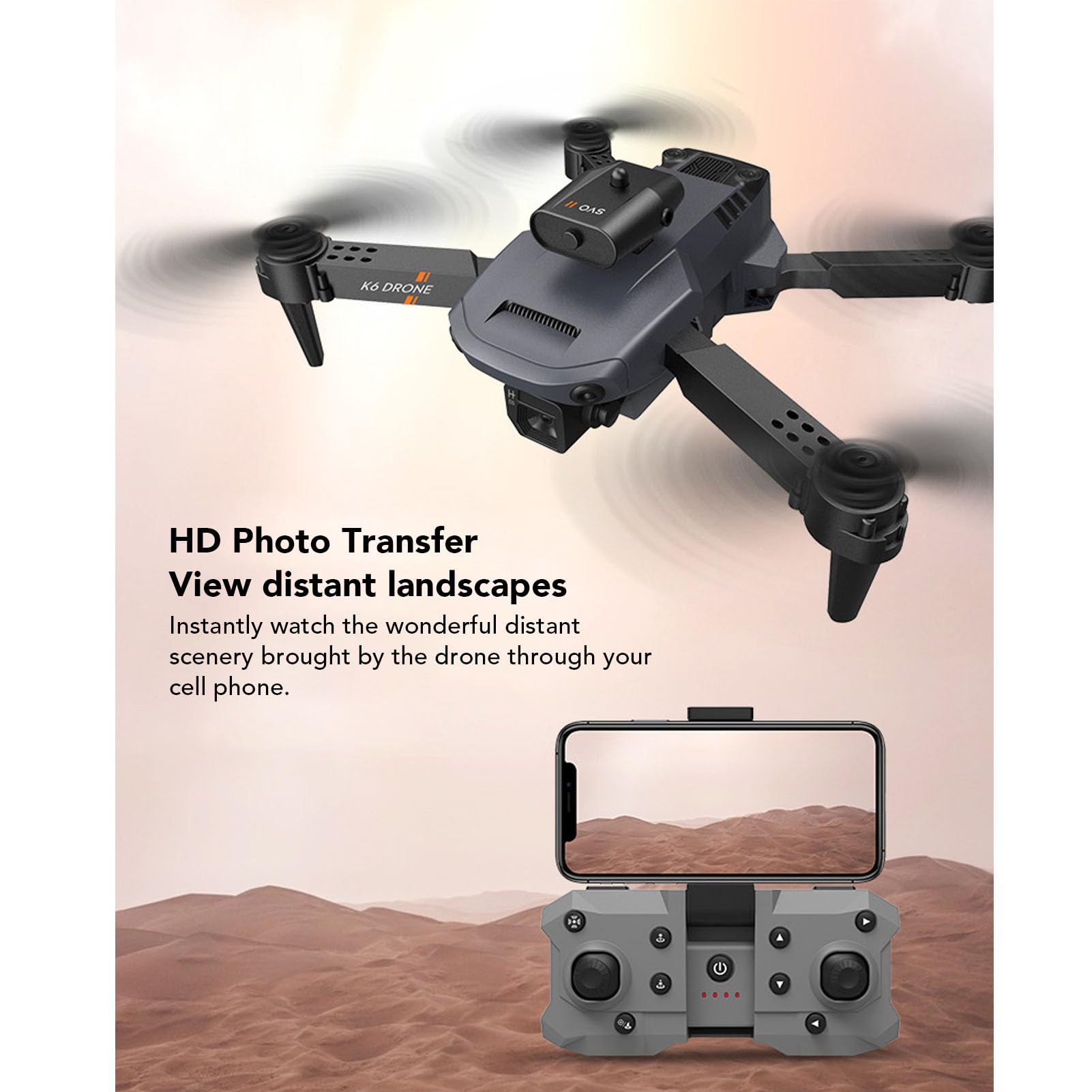 Składany Quadcopter Drone, K6 4K HD 50x Zoom FPV Drony z kamerą Czterokierunkowy Dron do Unikania Przeszkód Mini Drone z Futerałem, Inteligentna wysokość Zawisu