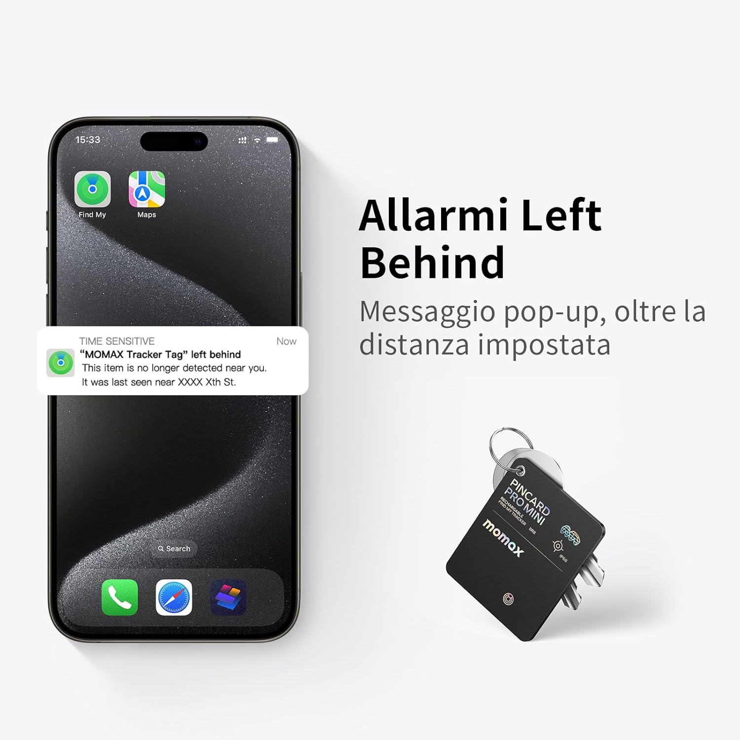 MOMAX AirCard Tracker Tag, Localizzatore Chiavi Bluetooth per Apple Dov'è (solo iOS, Android non supportato) per Portafogli Bagagli Valigie, Batteria Ricaricabile senza fili, IP68 Impermeabile Nero - Immagine 3