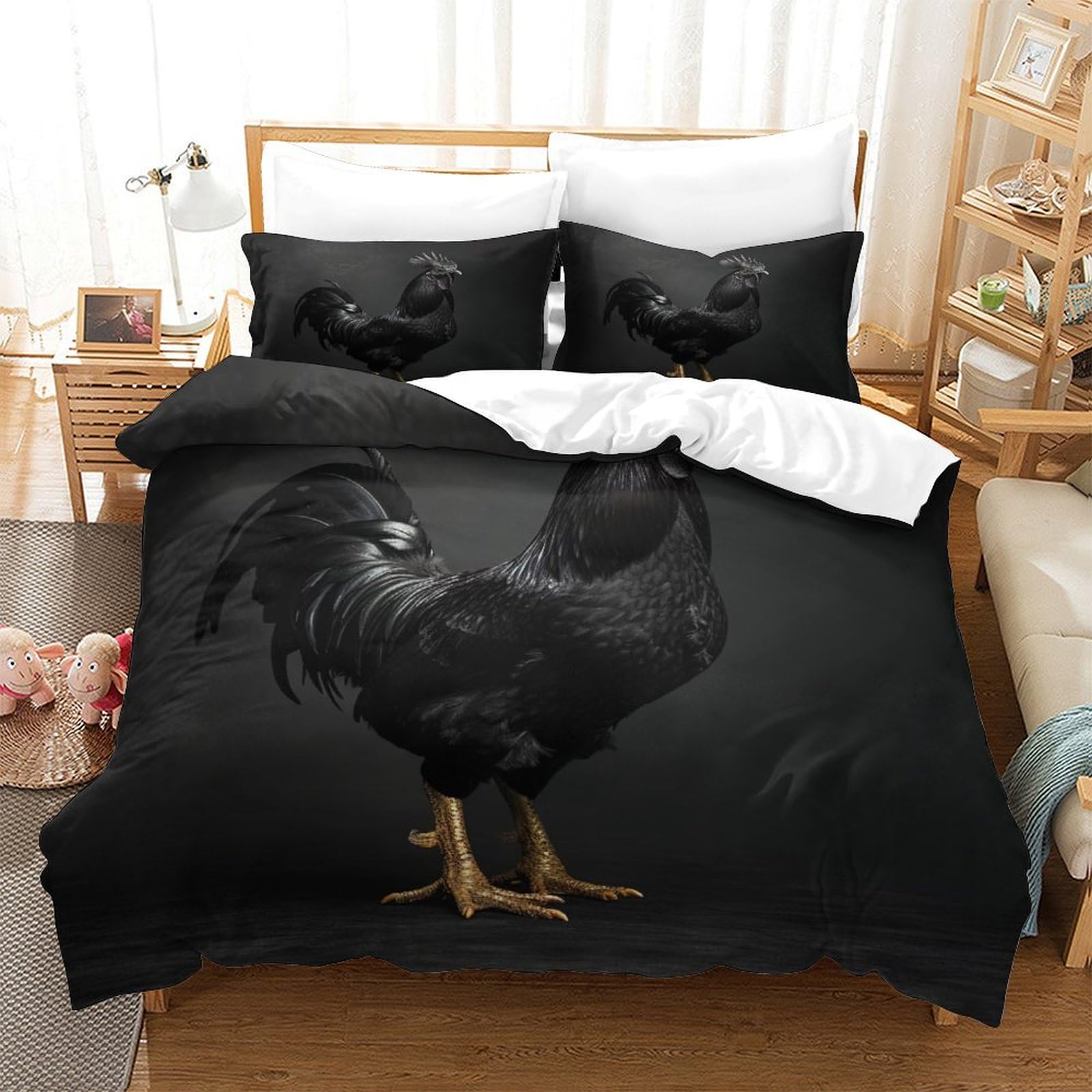 P1s9u7w5y Gallic Rooster-2 3D Printed Black Rooster Pattern 3Pcs Microfiber Duvet Cover Set Farmhouse Bedding Set King（220X240cm）