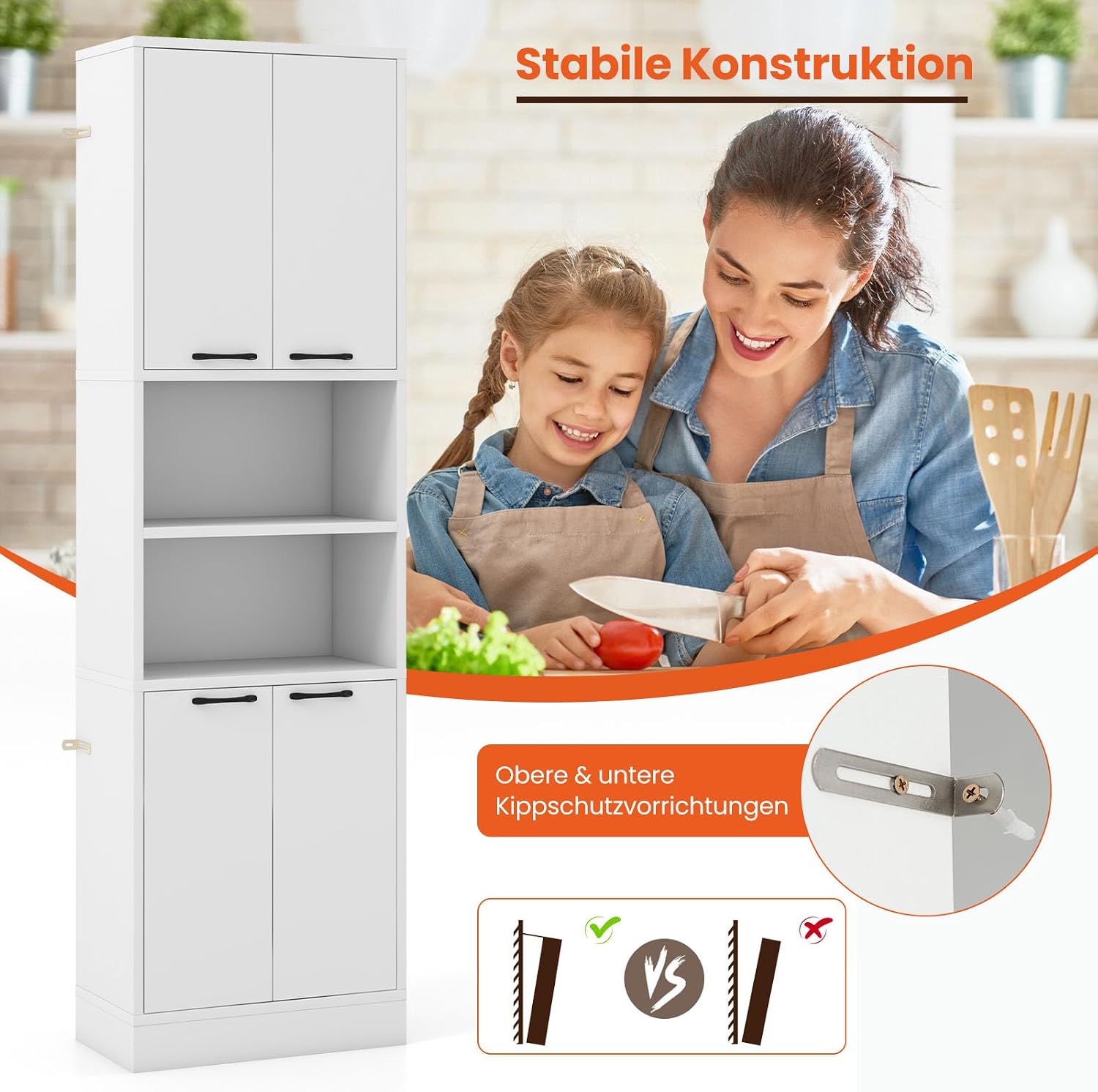 COSTWAY Кухонный шкаф высотой 190 см высокий шкаф с дверцами полками предохранительными петлями и защитой от опрокидывания отдельно стоящий универсальный шкаф для столовой гостиной