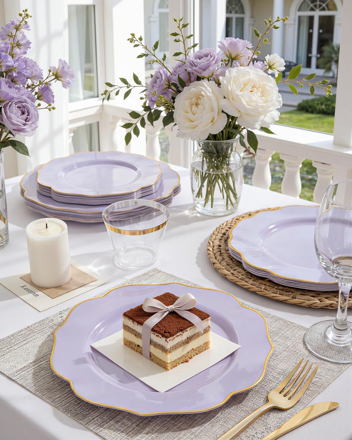 bUCLA 180PCS Purple Plastic Plates - Disposable Purple with Gold Rim, Include 30 Each (Dinner & Salad) Plates, 30 Knives, 30 Forks, 30 Spoons, 30Cups for Party, Easter & Birthday