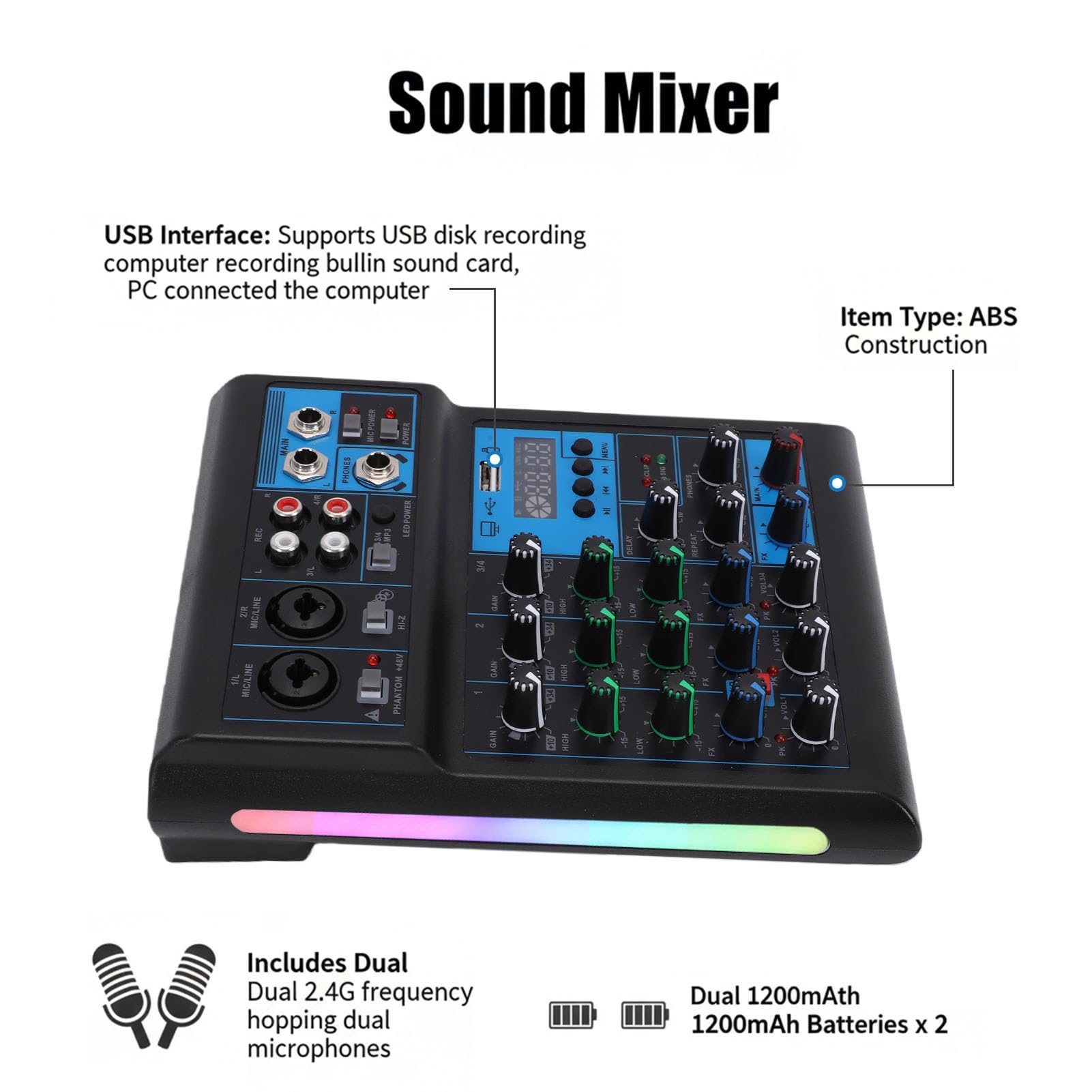 Fockety Mixer Audio con Doppi Microfoni, Scheda Audio Professionale a 4 Canali con Bluetooth, Ingresso USB MP3 e Alimentazione 48 V, Mixer DJ per Karaoke, Podcasting