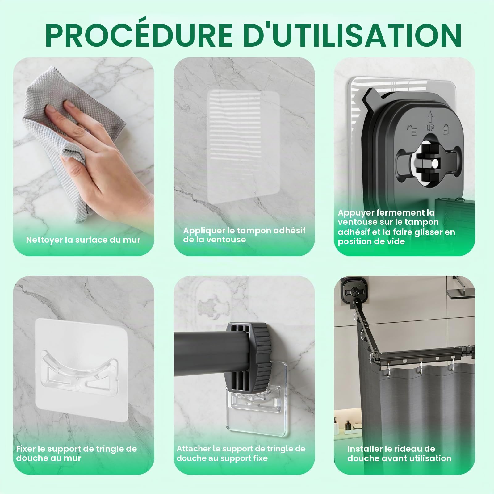 Rideau de Douche sans Perçage avec Ventouse, Forme L/U, 4 Plis, 1.8 x 2m | Tringle à Rideau de Douche Pliable, Résistante à La Moisissure, Imperméable, Lavable, avec Anneaux pour Douches D'Angle