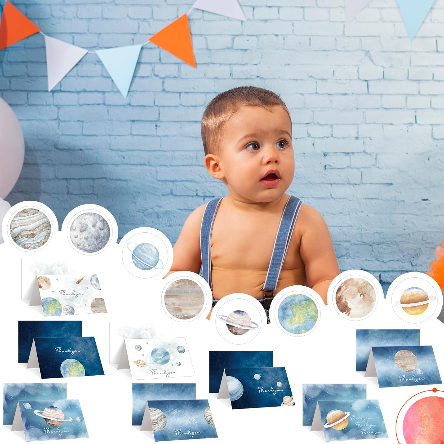 Geyoga 48 Pcs Space Thank You Card with 48 Envelopes 48 Stickers First Trip Around the Sun 6 x 8 Blank Galaxy Planet Greeting Card Stars Moon Gratitude Gift for Back to School Baby Shower Birthday - Image 6