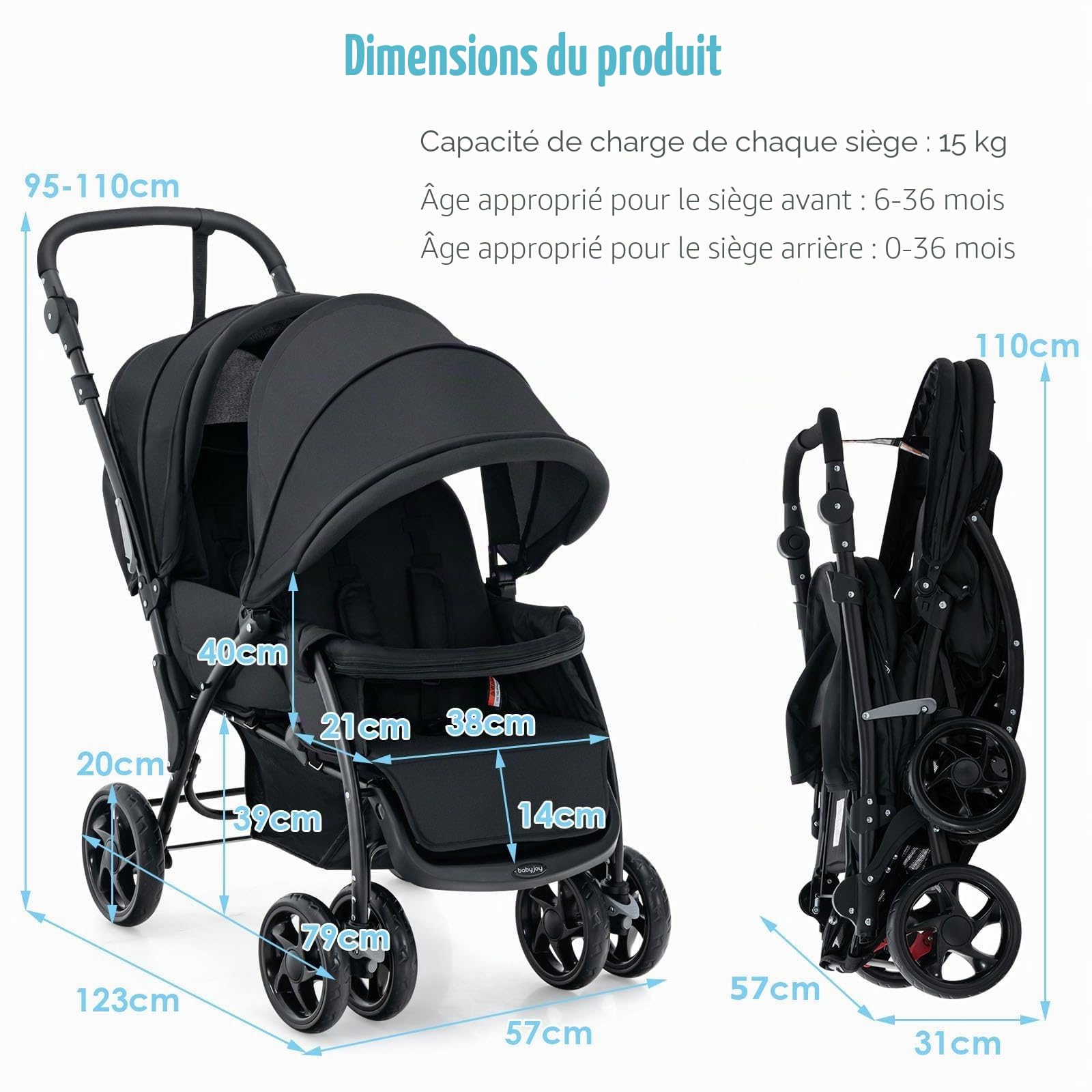 FANTASK Poussette double pliable avec dossier réglable et capote - Pour bébé à partir de 6 mois - Charge maximale : 30 kg - Noir