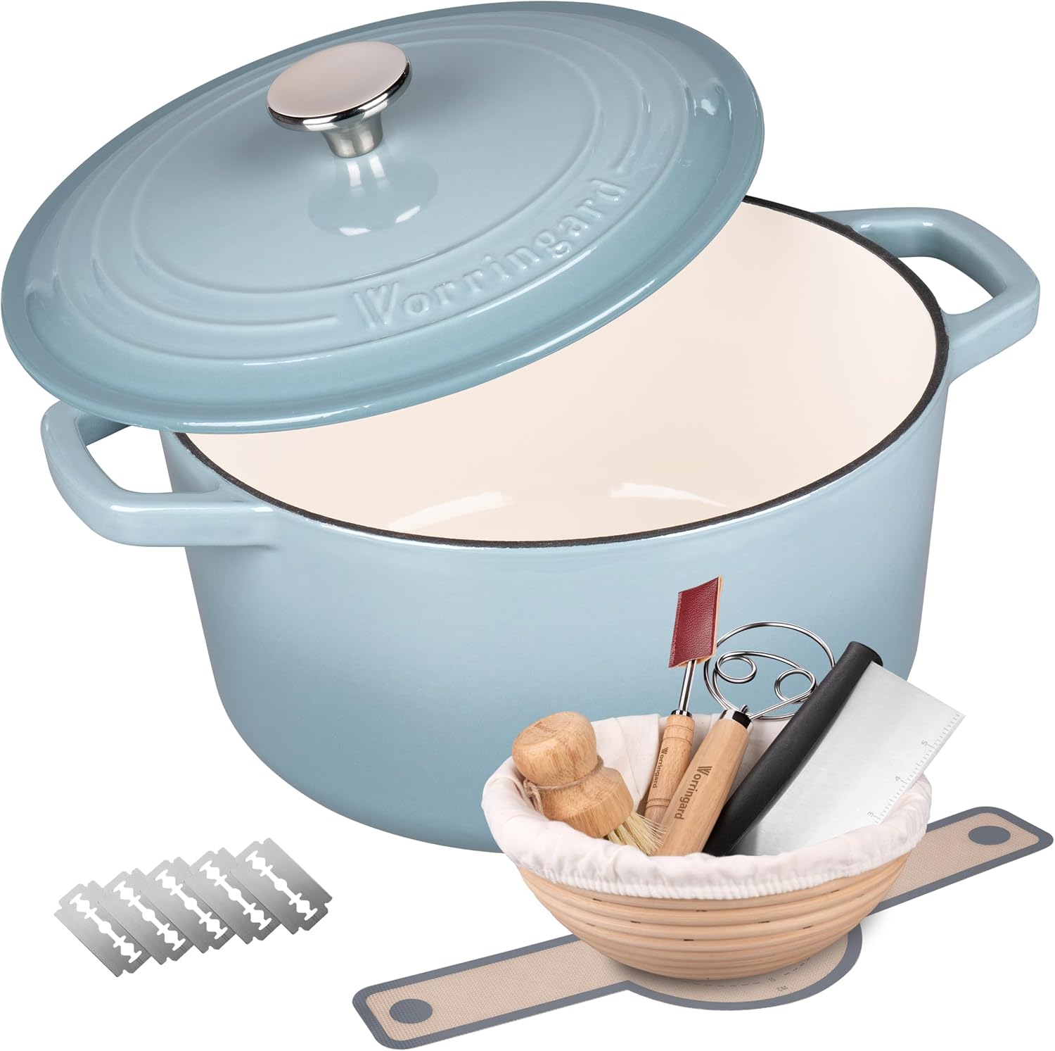 VORRINGARD Enameled Cast Iron Dutch Oven Pot with Lid, for Bread Baking, Round Bread Oven- include Sourdough Bread Baking Supplies set, 4.5QT, Sea Salt