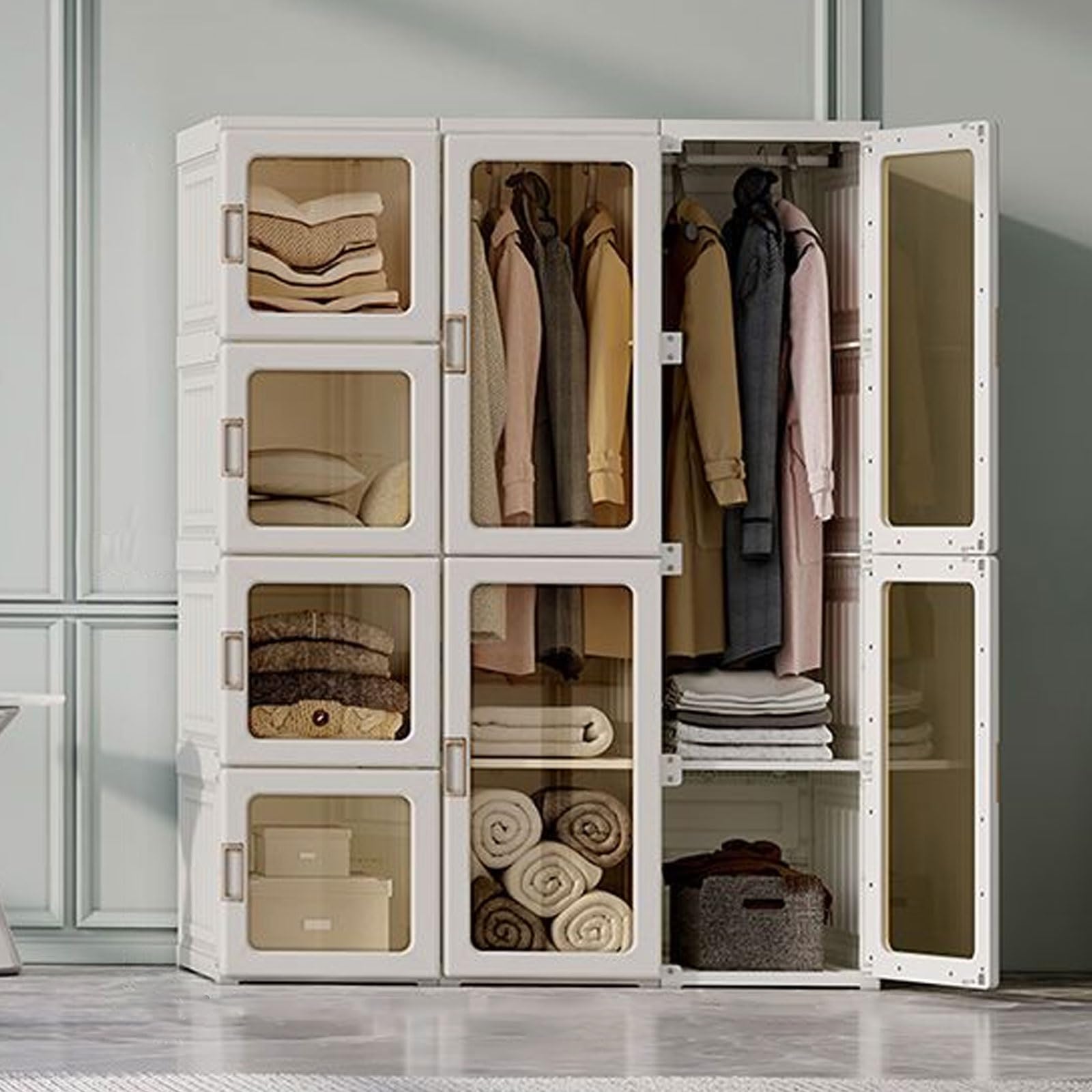 Klappbarer Kleiderschrank, durchsichtiger Kleiderschrank mit Türen, stapelbarer Kunststoffschrank(104 * 50 * 136cm)