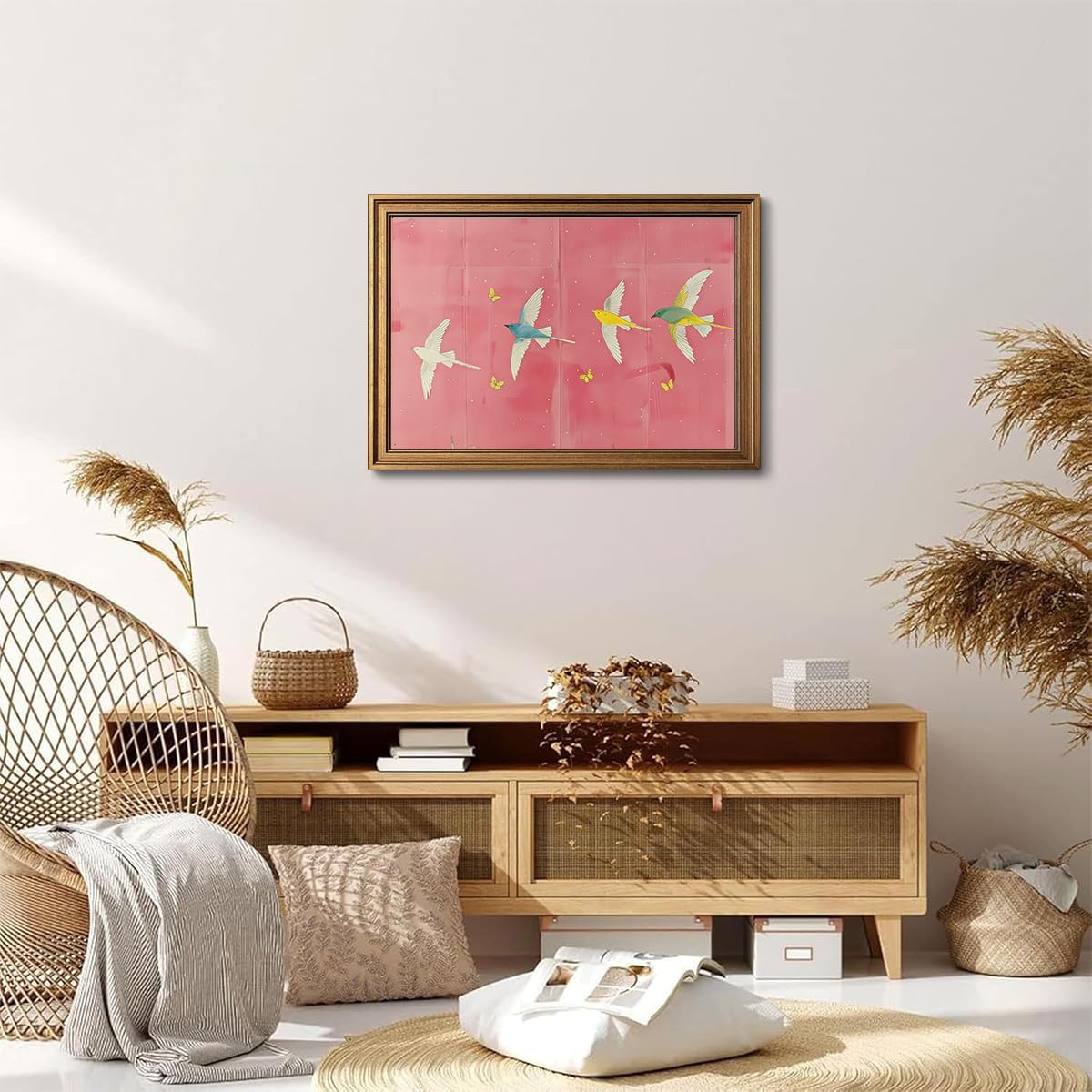 BRUZYIYE Gold Framed Wall Art Vintage Wall Art Swallow Canvas Art Bird Pictures Pink Paintings Cute Prints Animal Artwork Wall Decor For Girls room Bedroom Kids Room 16x24in