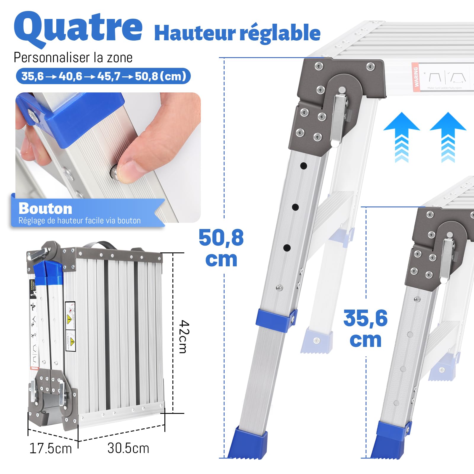 Plateforme de Travail pour Escalier pour Work & Access jusqu'à 362 kg, Aluminium Plateforme de Travail, échelle à Marches Réglable en Aluminium avec Verrous de Sécurité, Palier