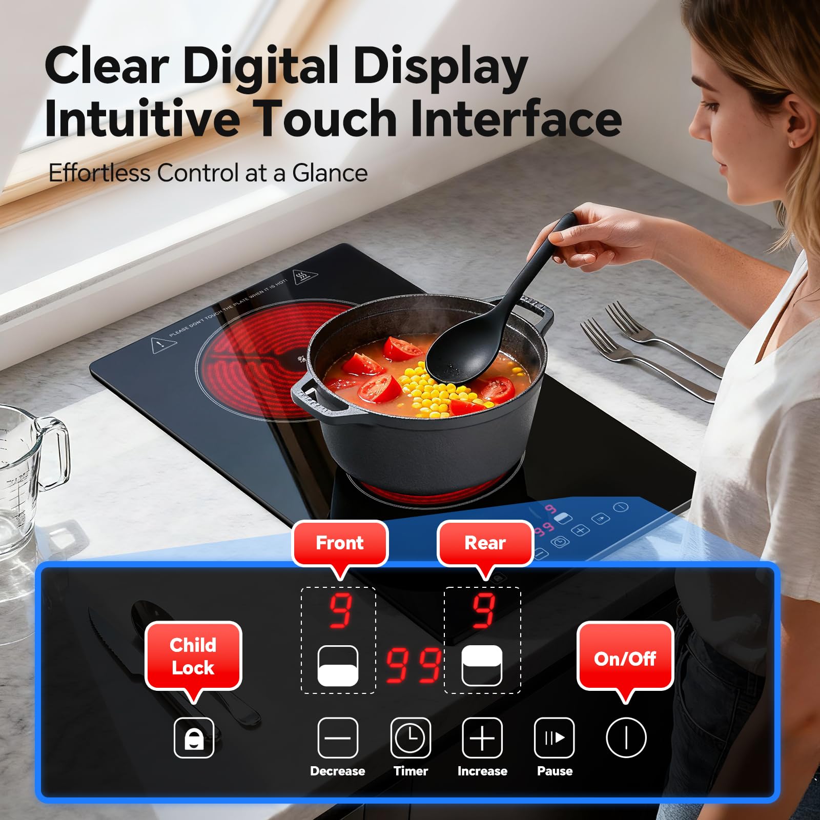 SNDOAS 30cm Ceramic Hob 2 Zones, 3000W Electric Hob Built-in/Countertop, Pause Function & 1-99 Min Timer, 9 Power Levels Touch Control, Child Lock, All Pots Compatible, Plug in Hob with UK standard — view 6