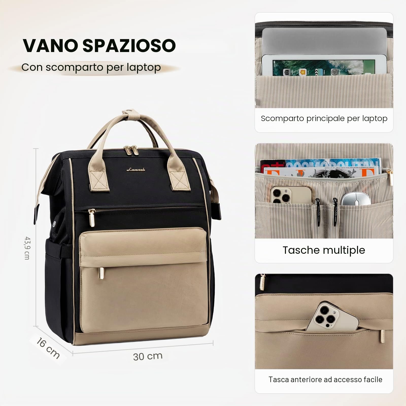 LOVEVOOK Zaino Porta PC Donna, 15,6 Pollici Impermeabile Computer Backpack Antifurto con Porta USB e Scomparto per Laptop per Scuola Università Viaggi Lavoro Aereo Ufficio, Kaki Nero