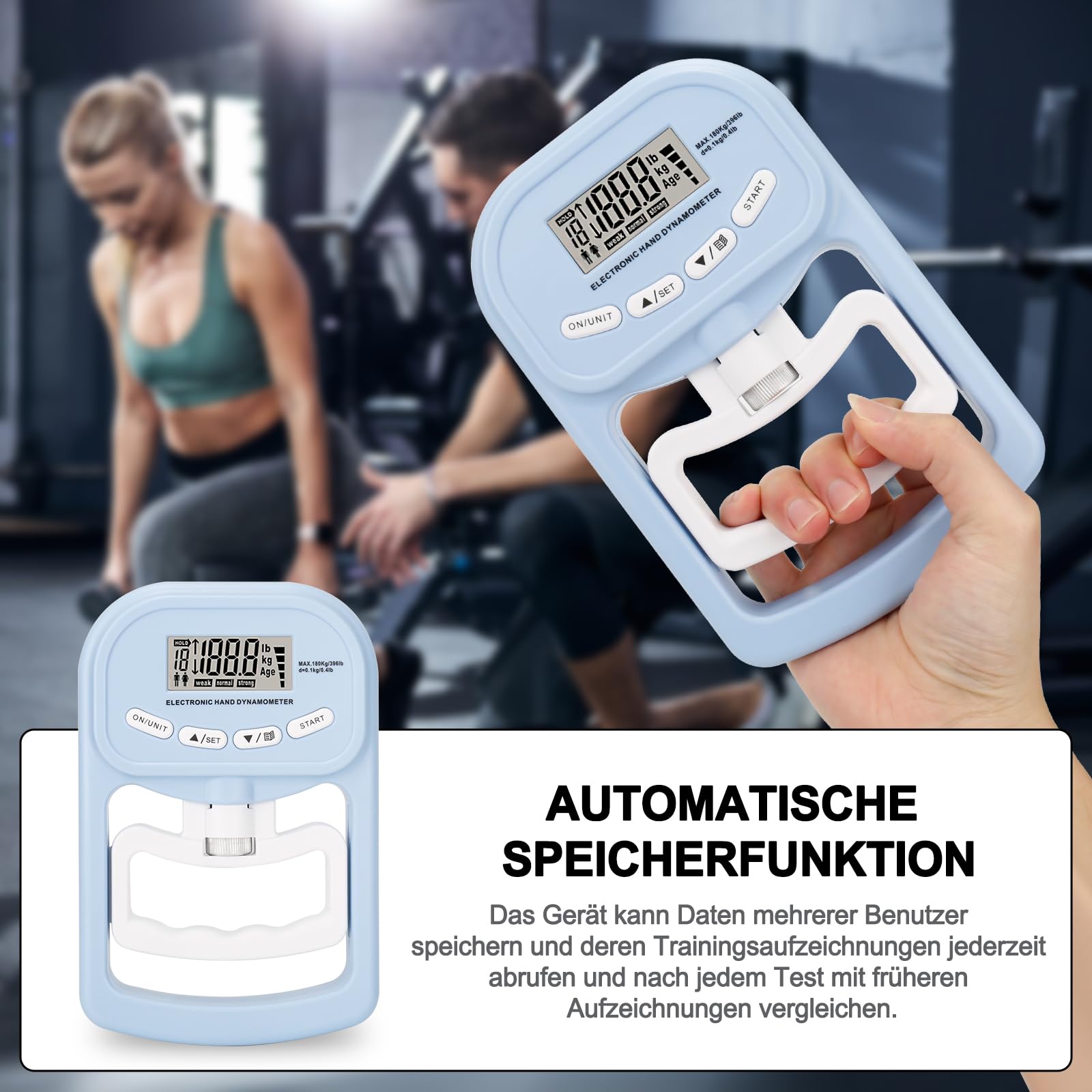 Griffkraft Messgerät, 396lbs /180kg Handkraftmessgerät, Digitales Hand Dynamometer, LED Bildschirm, Grip Strength Tester mit USB-Ladekabel