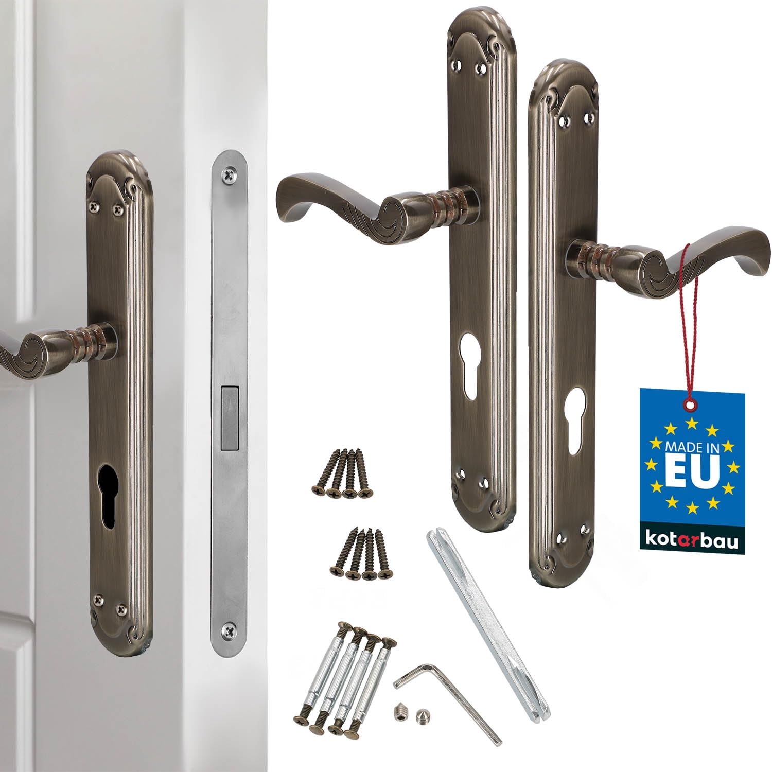 Kotarbau Brown - 72 Mm Door Handle Set – Door Knob And Fitting With Cylinder Lock – Long Plate Door Handle – Interior And Exterior