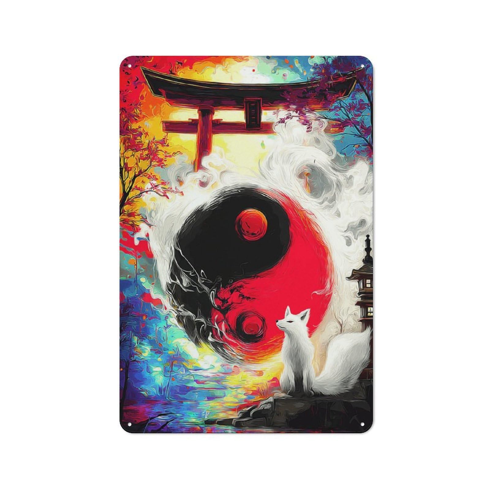 Junmoney Yin-Yang Fox Spirit Gate Character Decorative Tin Plaque 30X20cm Featuring Small Space Decor For Bedroom, Kitchen, Office Or Living Room