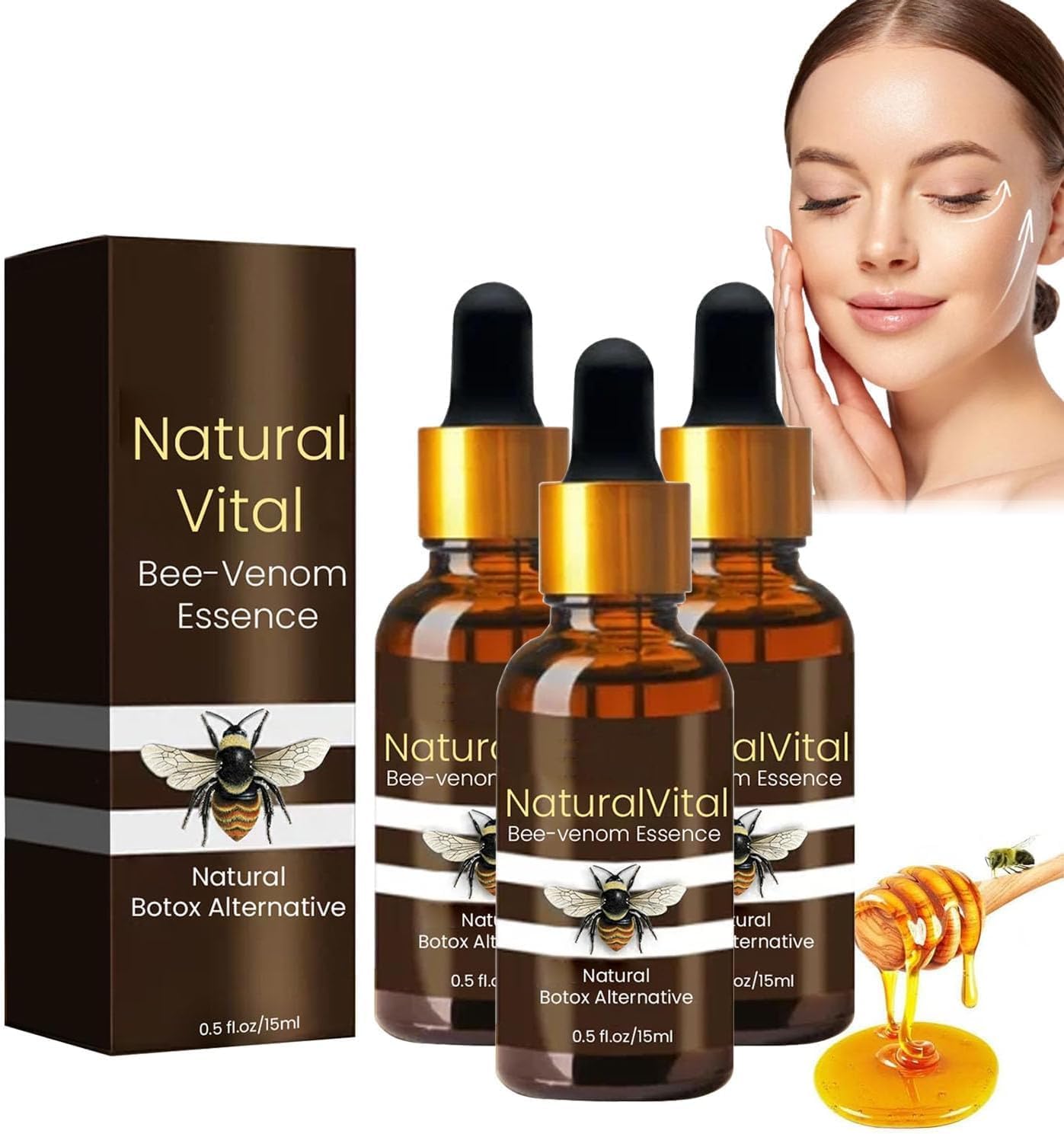 Pack of 3 Flysmus Naturalvital Bee Venom Essence, Natural Vital Bee Venom Essence, Bee Venom Anti-Wrinkle Essence, Vintesse Advanced Bee Venom Serum, Moisturising