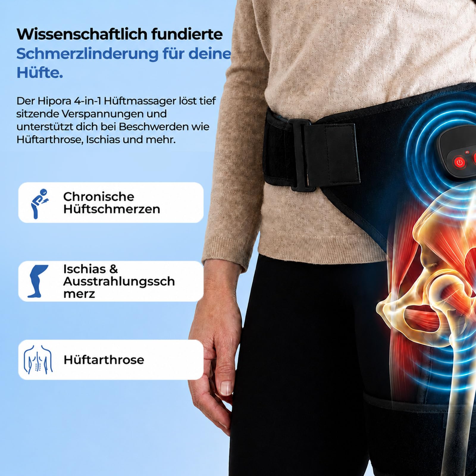 Hipora 4-In-1 Hüftmassager, Beheizbares Vibrations-Hüftmassagegerät, Wiederaufladbarer Massagegurt, Geeignet Für Gesäß, Hüfte Und Den Unteren Rücken (Schwarz)