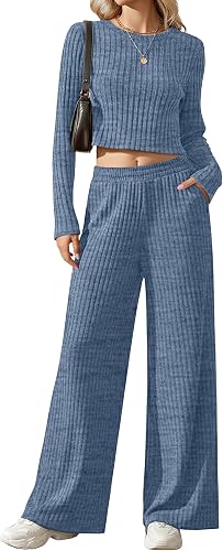 JoyMotion Women's 2 Piece Lounge Sets 2026 Ribbed Long Sleeve Crop Top Wide Leg 