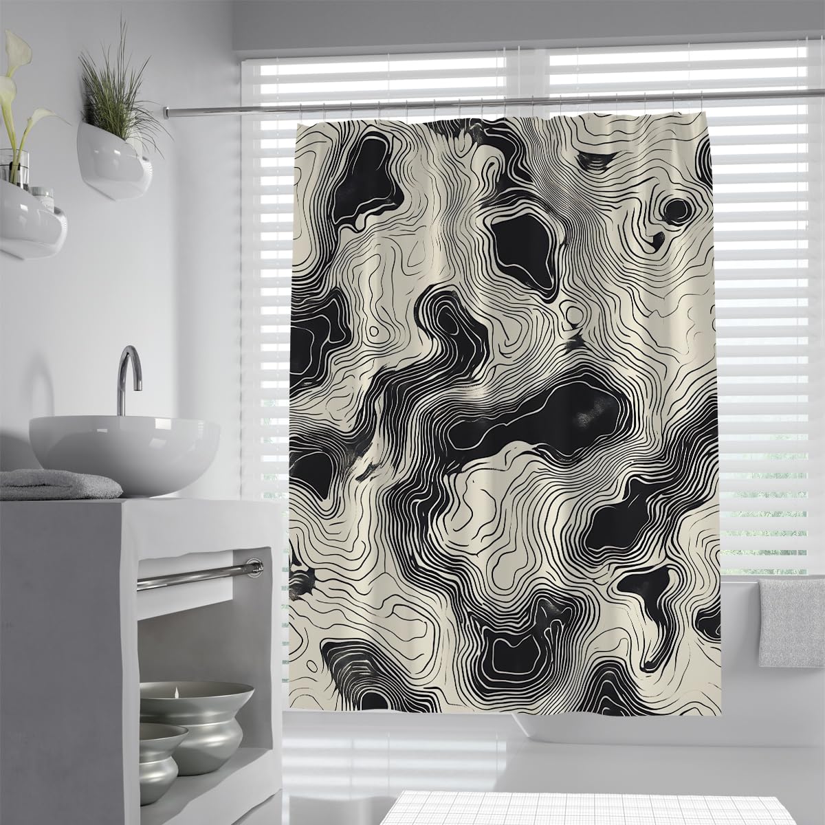 UIRINGART Nordic Topographic Shower Curtain W180xL180cm Minimalist Geometric Swirl Blocks Pattern Water Repellent Easy Clean For Bath Tub Bathroom Screen With Hook