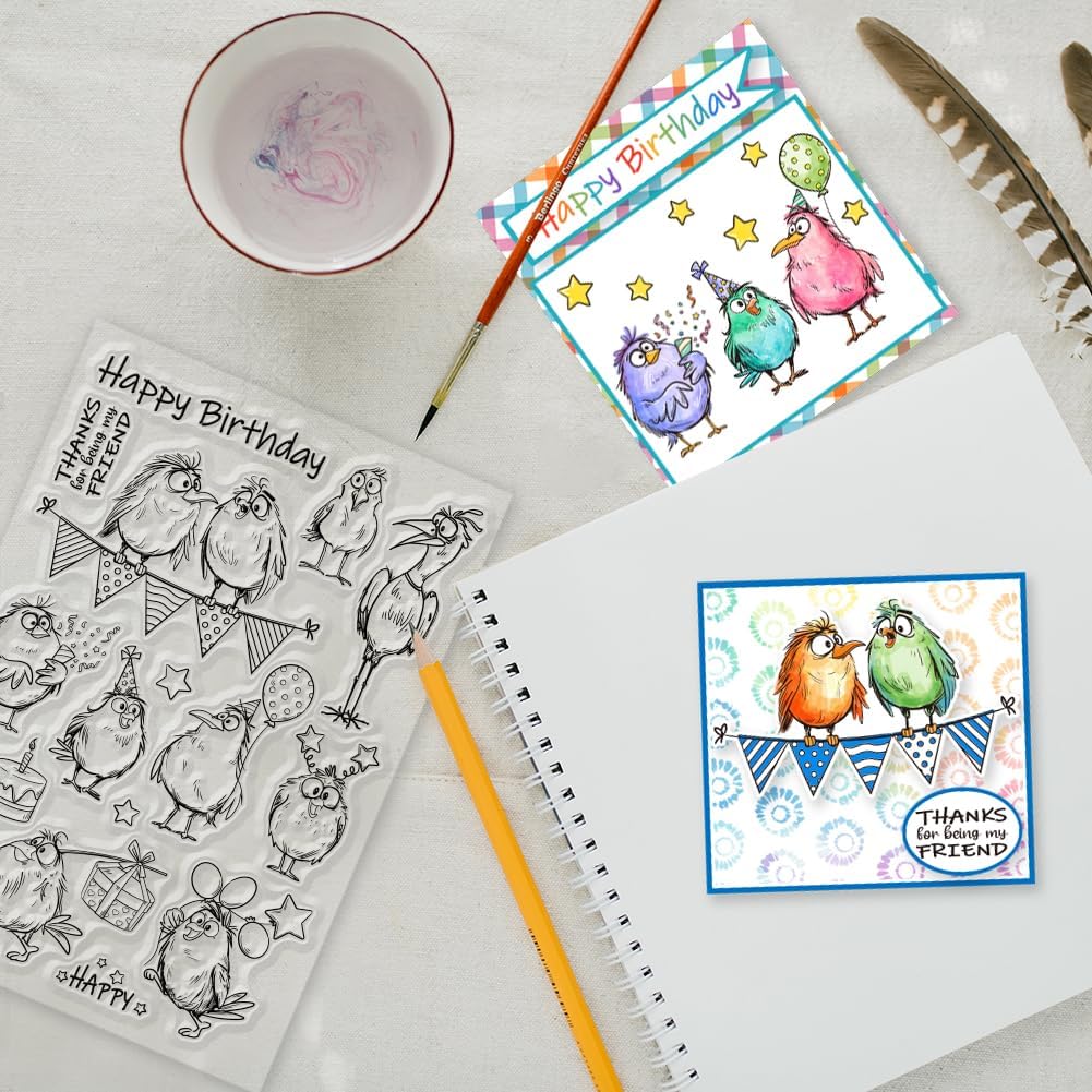 GLOBLELAND Cartoon Bird Birthday Clear Stamps Birthday Gift Clear Stamp Comic Birds Silicone Stamps for DIY Scrapbooking Photo Album Decorative Cards Making Home Decoration 8.27x5.83inch