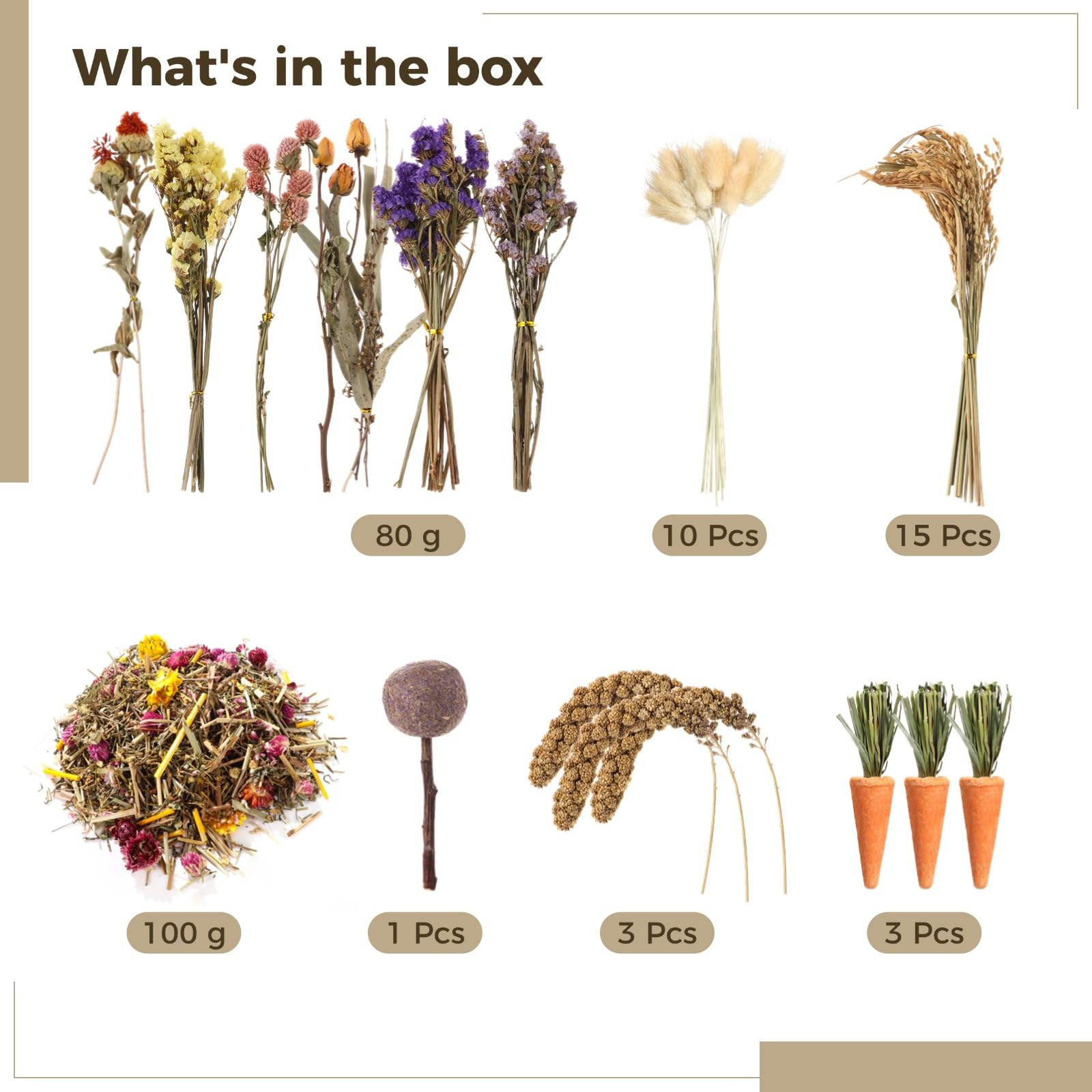 Homaisson Erbe naturali spray per criceti, decorazione per gabbia di criceti, semi di grano, fiori secchi per criceti, gerbilli siriani nani, porcellini d'India