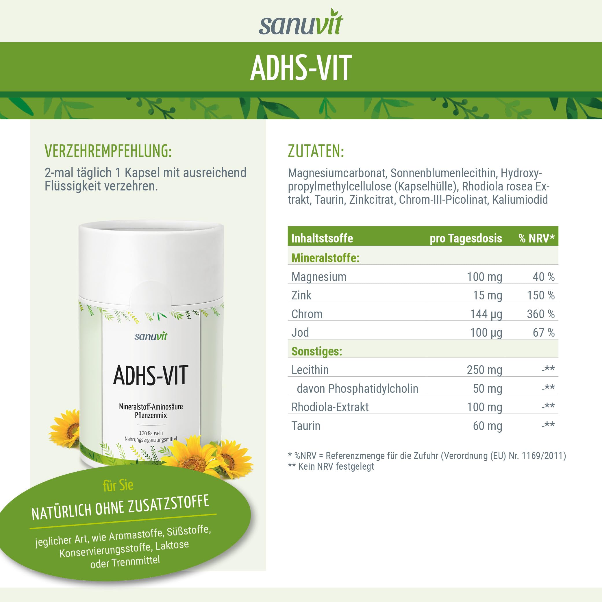 Sanuvit® - ADHS-VIT | Focus & Aufmerksamkeit | Für Erwachsene & Kinder| Hohe Bioverfügbarkeit | Qualität aus Österreich | Vegan | 120 Kapseln