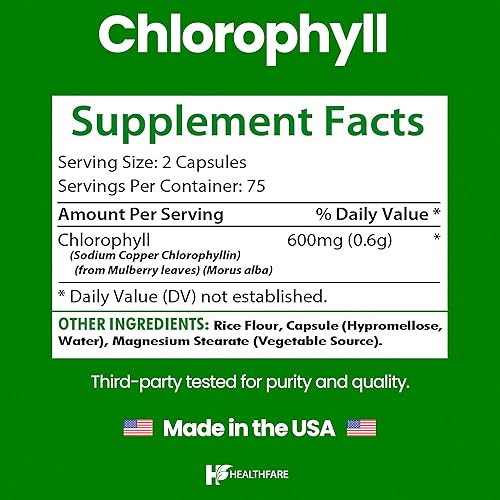 Miniatura 3 de Healthfare Cápsulas de clorofila de 600 mg Desodorante interno y soporte para el olor corporal 150 pastillas vegetales para mujeres y hombres