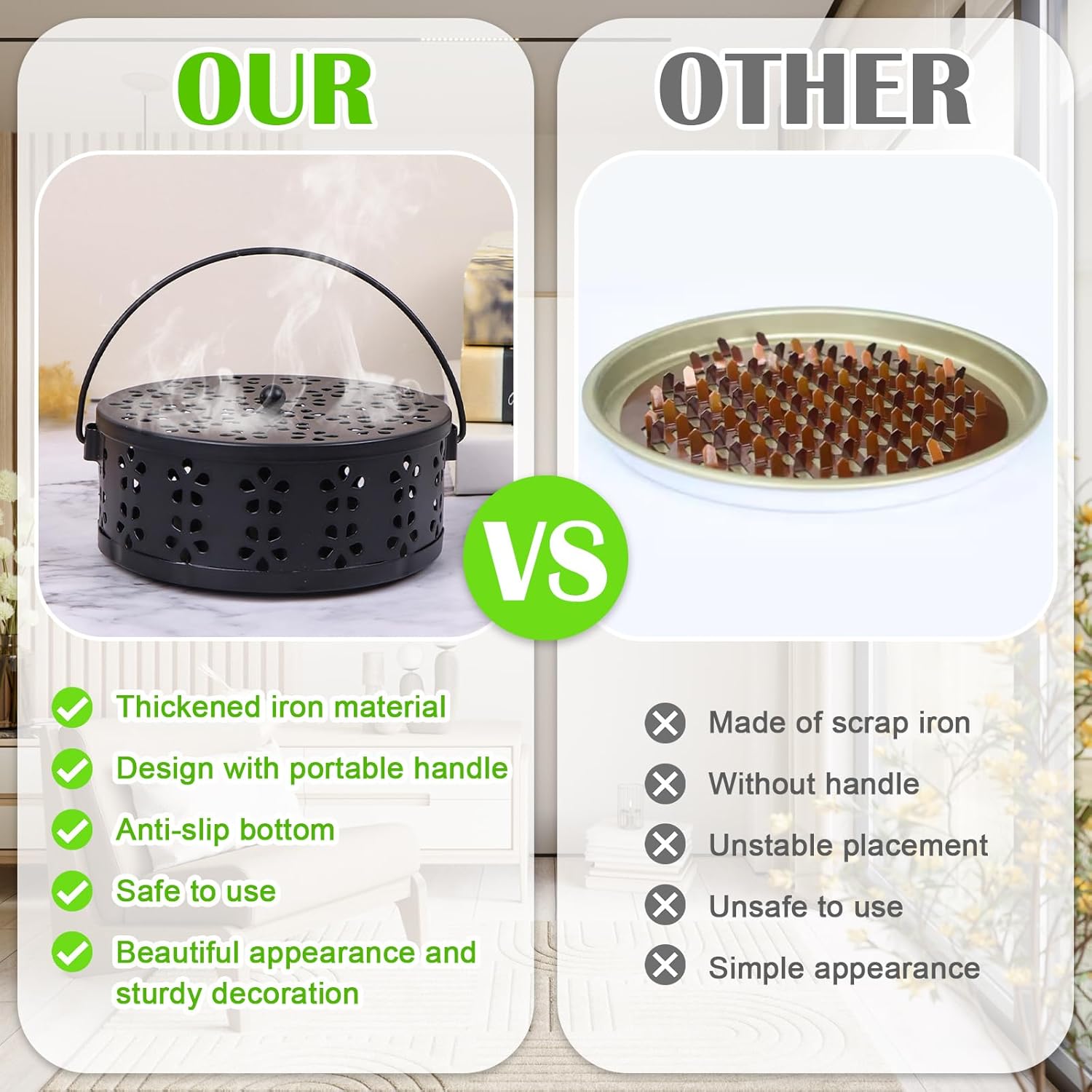 4 Pieces Mosquito Coil Holder Portable Mosquito Incense Holder with ​Handle Round Metal Sandalwood Incense Burner for Home Camping Indoor Outdoor Patio (Black and Bronze)