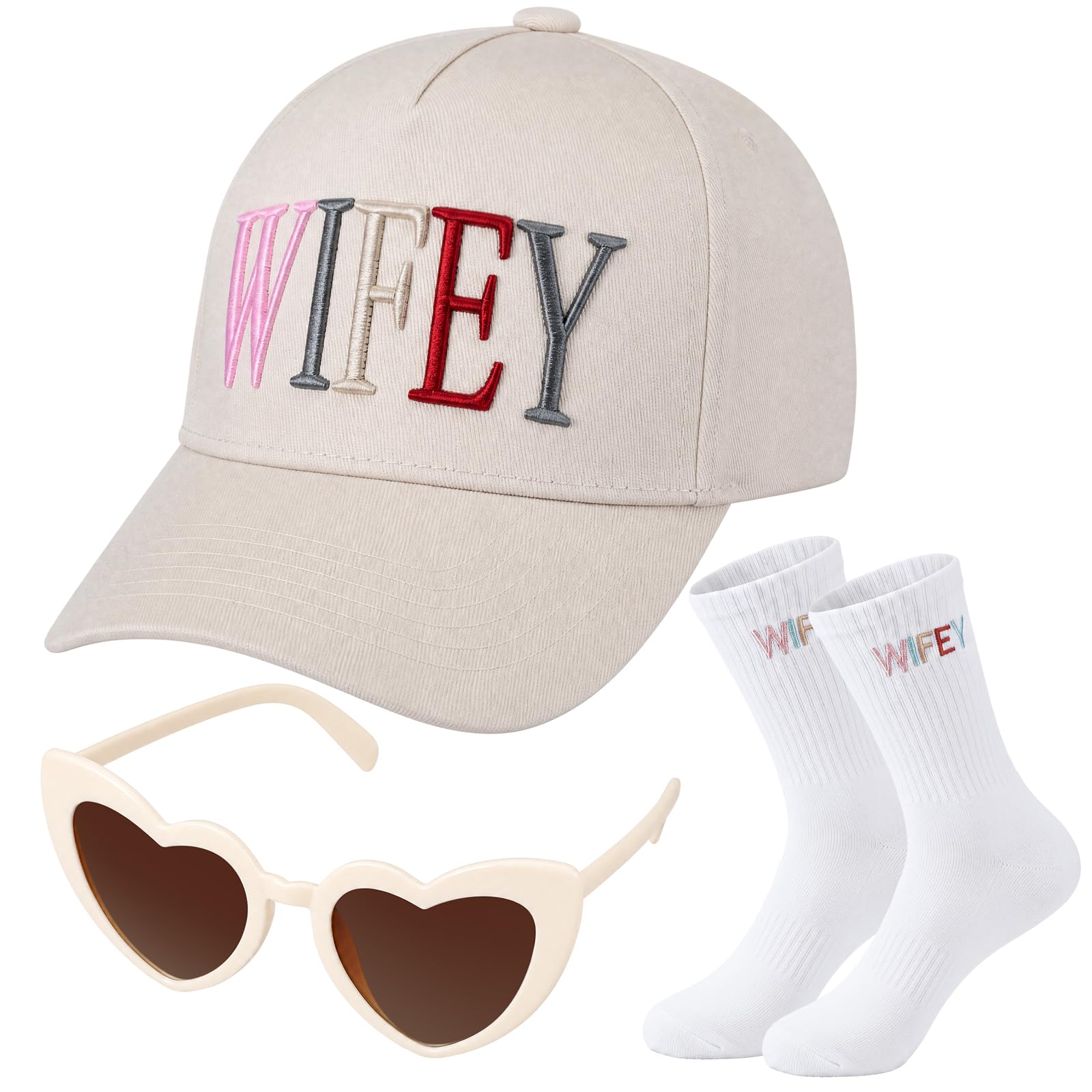 Janmercy 3 Pcs Wifey Cap Gifts, Beige Wifey Trucker Hat and Heart Sunglasses Socks for Bridal Shower Wedding Bachelorette Party