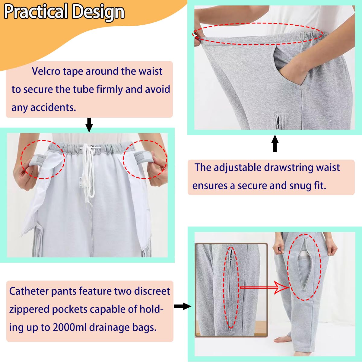 Pantalones de catéter para hombres/mujeres, pantalones de nefrostomía, pantalones de bolsa de orina, pantalones de catéter Foley con capacidad para 2 bolsas de orina (negro, talla L: 27.5 a
