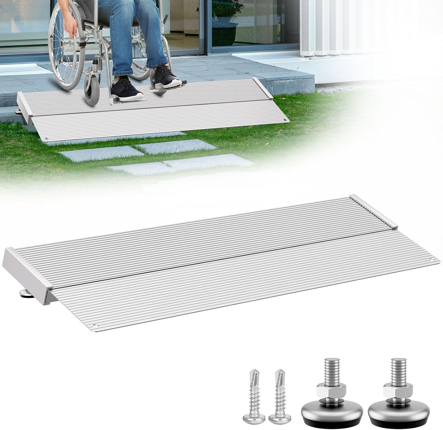 Aluminum Threshold Ramp,12 Inch Portable Self Supporting Entry Handicap Ramp, Doorways Rated 800 lbs,forWheelchair Scooters Power Chairs Walkers Metallic