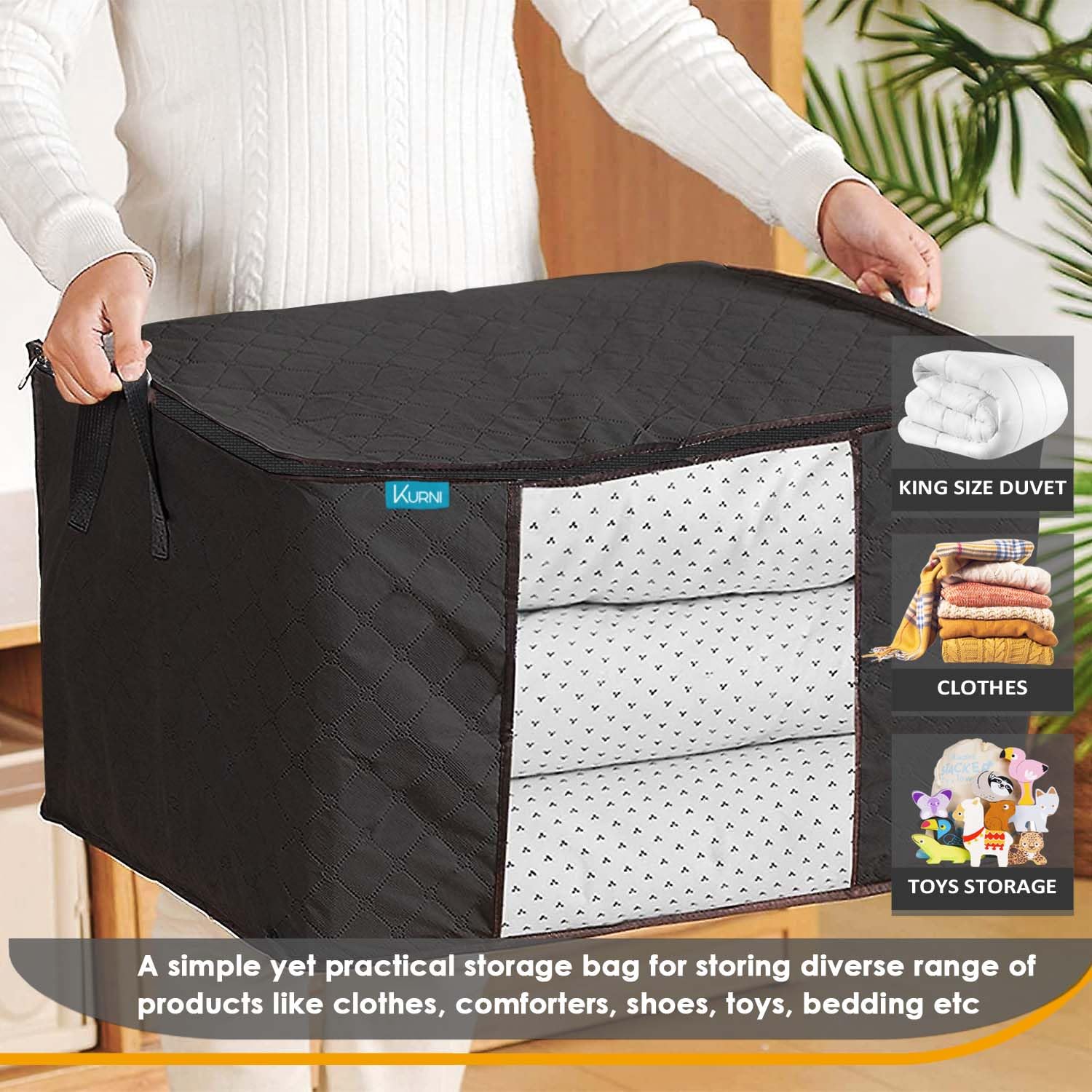 KURNI Storage Bags Clothes Organizer 6 Pack Black, Large Moving Boxes With Top Lid 90L Capacity - Image 2