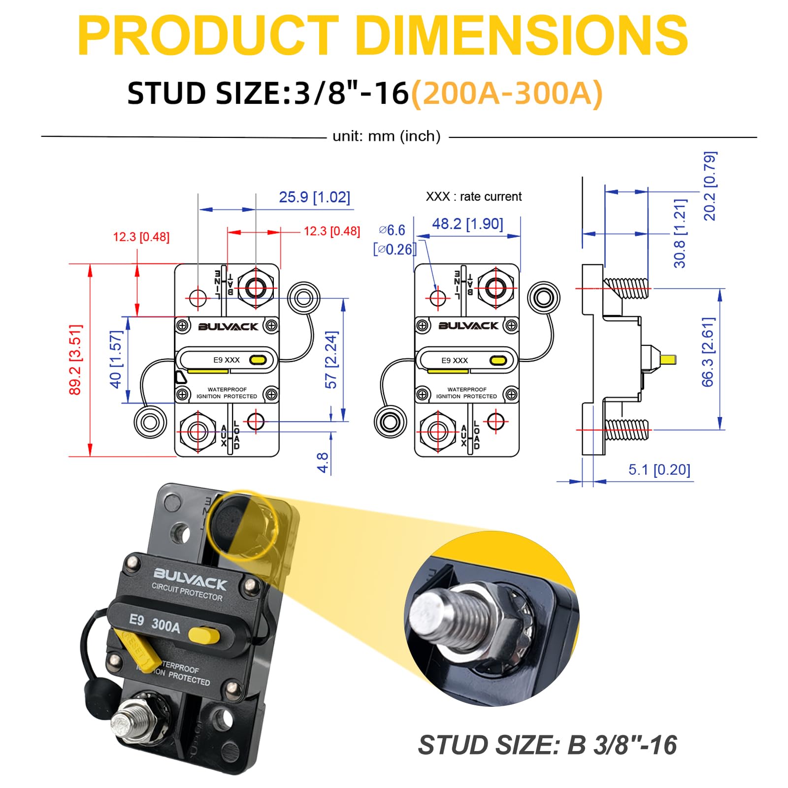 E9 3/8" Studs 300 Amp Circuit Breaker with Manual Reset for Automotive Boat ATV Vehicles Stereo Car Audio | 12V - 48V DC | Waterproof IP67 Switchable Hi-Amp 300A - Extended Surface Mount — Amazon image 3