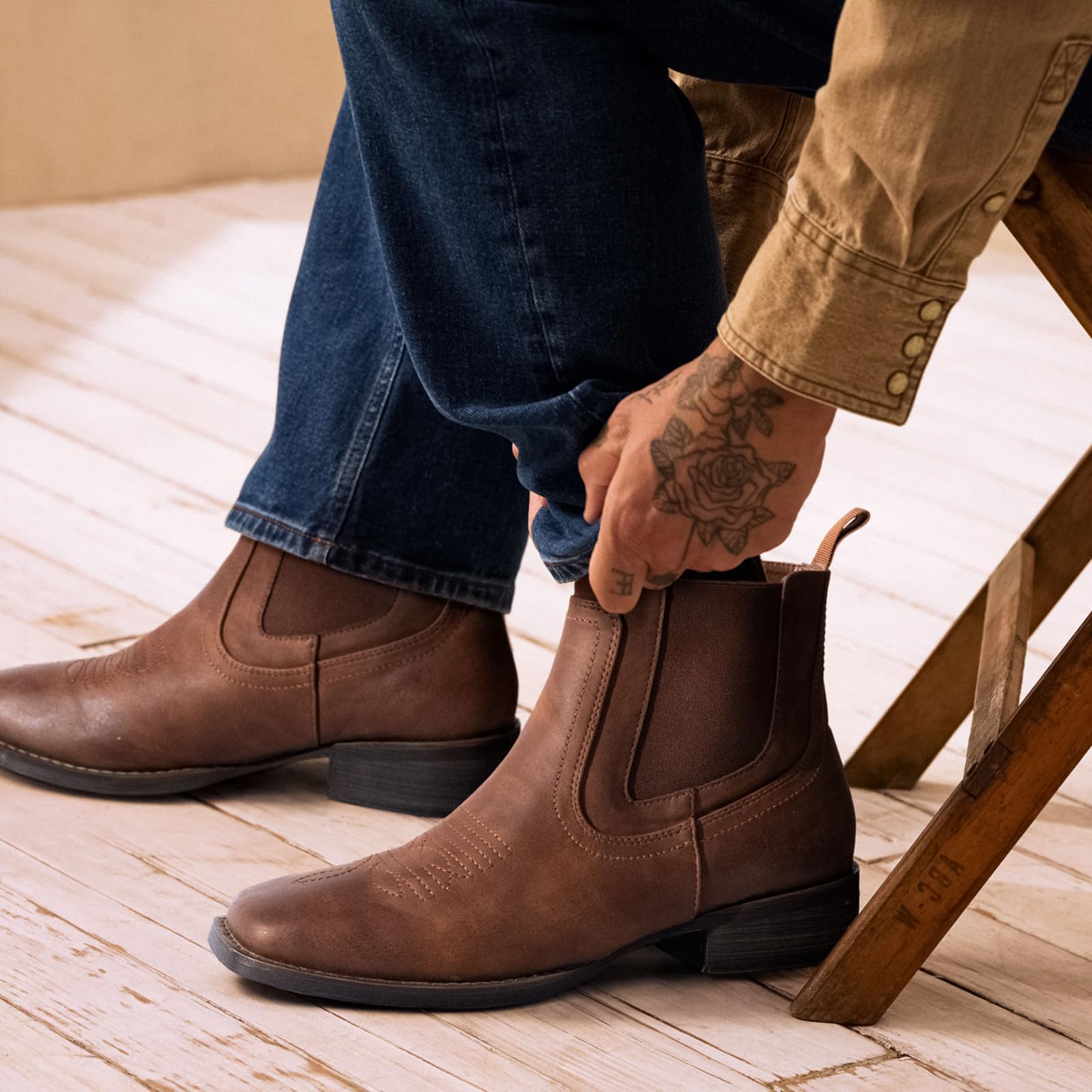 J's.o.l.e Men's Ankle Short Cowboy Boots Square Toe Fashion Western Dress Boots