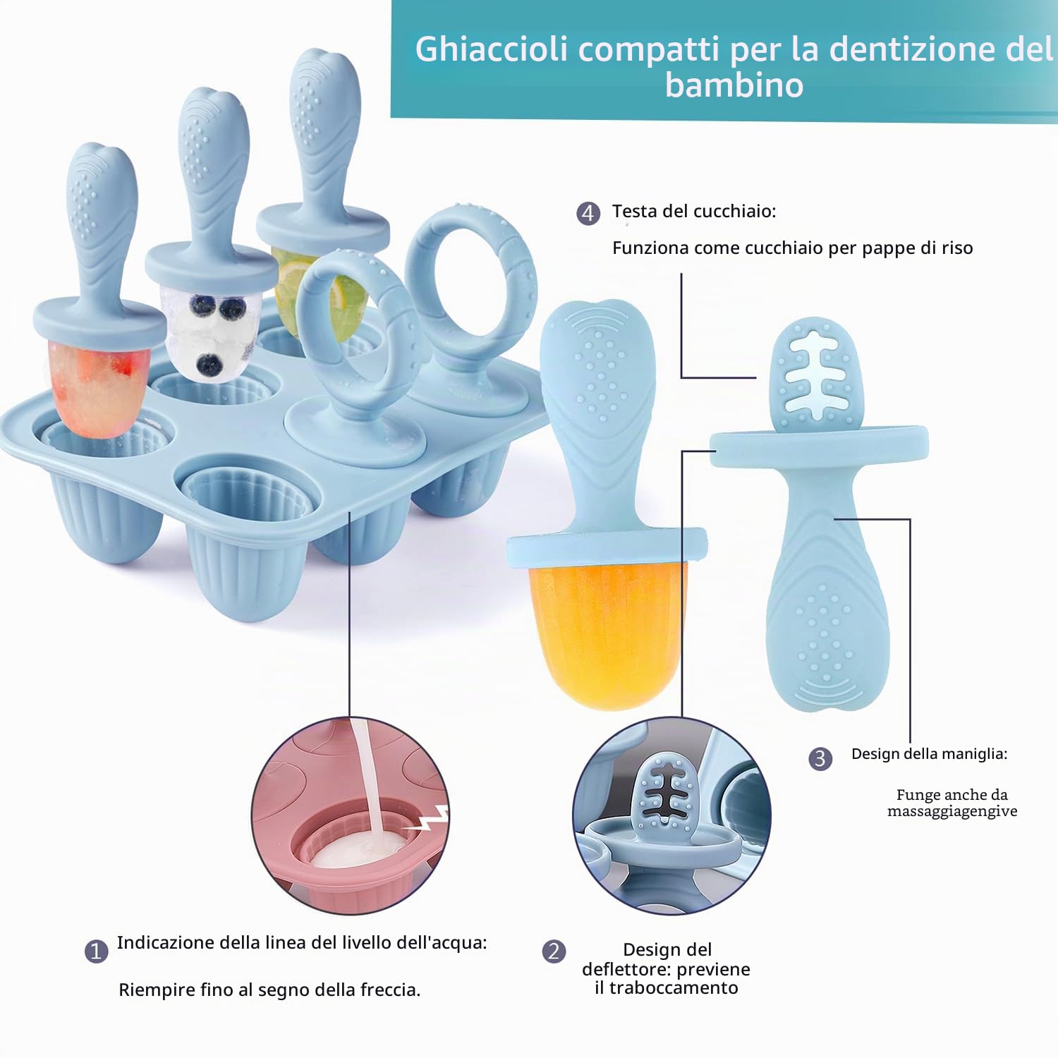 Stampo Ghiaccioli per Bambini in Silicone senza BPA 6x17ml con Stecchini