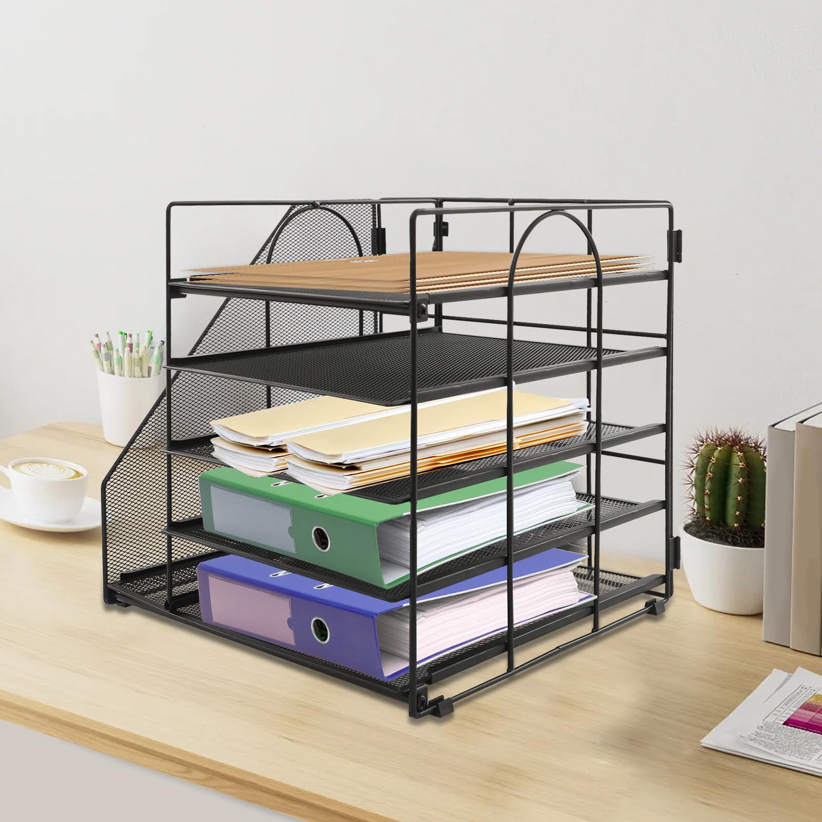 5-stopniowy organizer na biurko z uchwytem na dokumenty, 32 x 31 x 31,5 cm, półka na listy z siateczki, do biura, półka na dokumenty i czasopisma, czarny