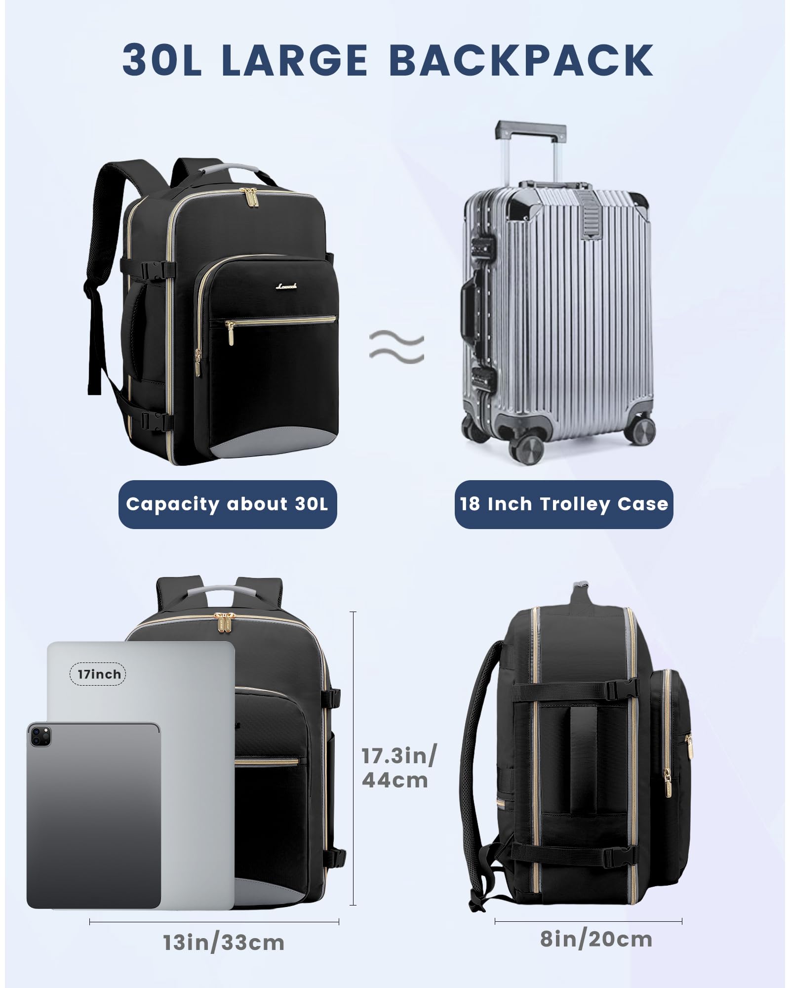 LOVEVOOK Zaino da Viaggio Aereo Bagaglio a Mano, Impermeabile 45x36x20 Zaini Trolley Bagaglio Donna 30L Cabin Max per Ryanair Easyjet, Zaino Porta PC 15,6 Pollici Valigia Borsa a Zainetto Nero