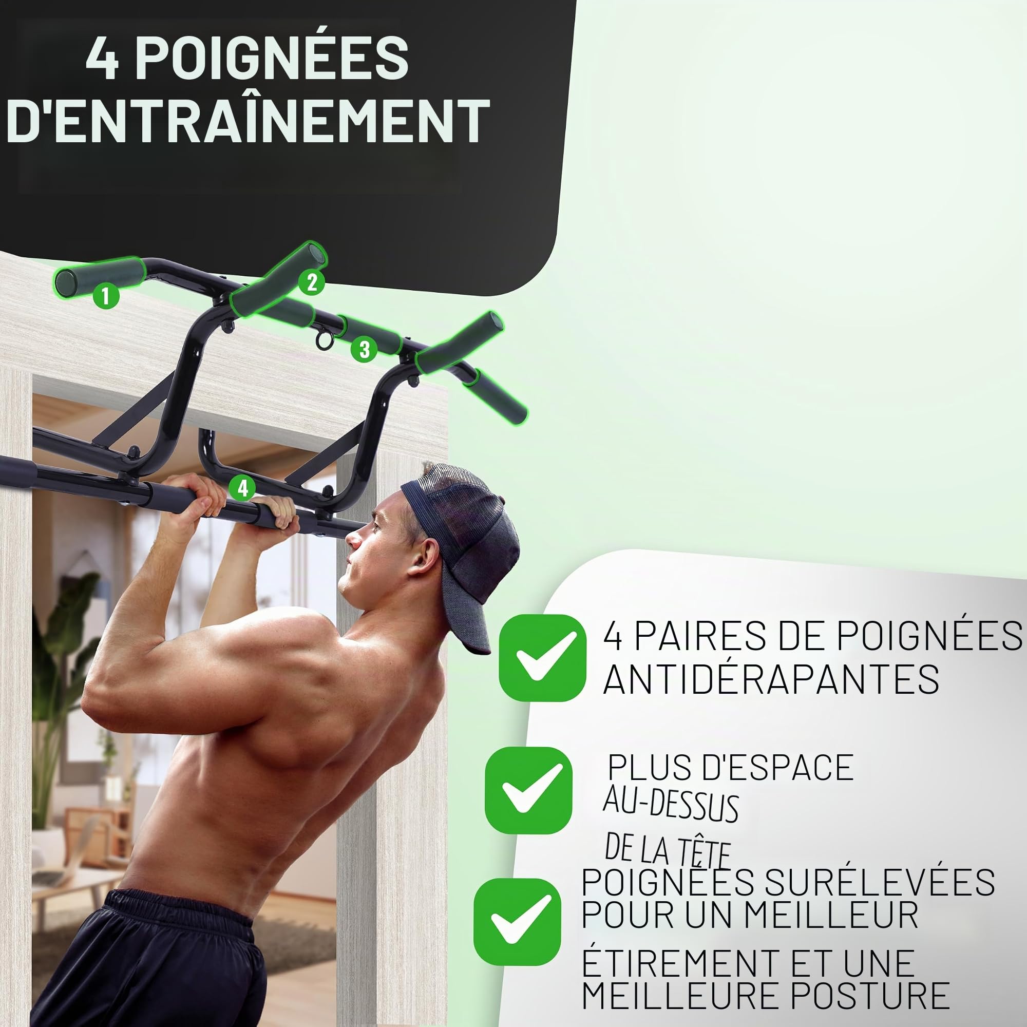 AthleticPro Barre de Traction pour Cadre de Porte sans Perçage – Barre de Tractions Robuste à Suspendre [portes jusqu'à 90cm] – Pour Tractions, Dips & Pompes avec Bande de Résistance