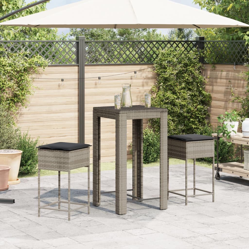 vidaXL Juego de Bar de jardín de 3 Piezas con Cojines ratán PE Gris, Mesa Alta y taburetes de Exterior, Juego de Bar, Juego de Muebles