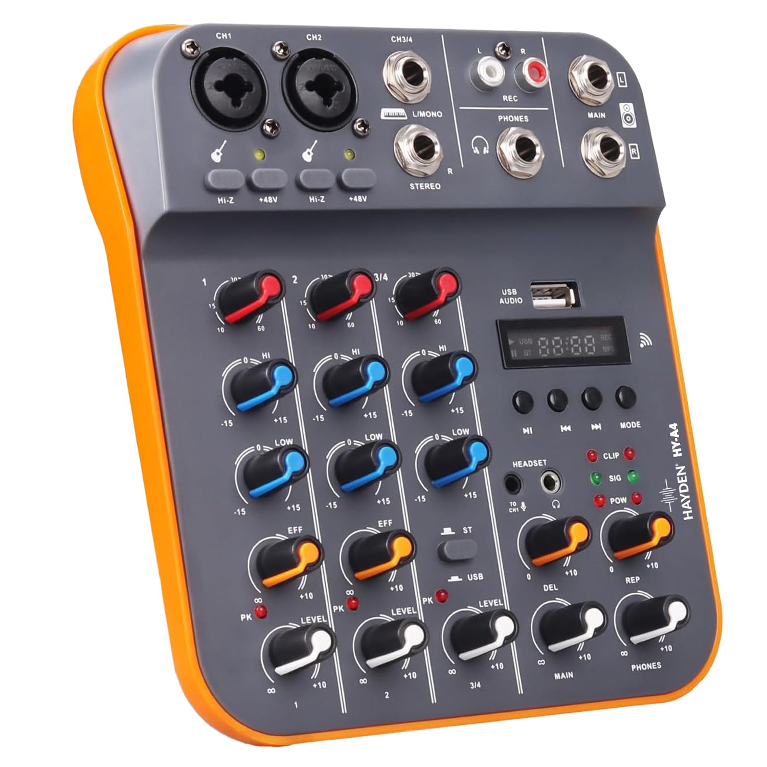 HY-A4 4-Channel Mixer – Professional Audio Mixing Console with Bluetooth, USB Sound Card, 48V Phantom Power, MP3, Phone Live Out, Recording, Podcast, Karaoke, DJ, Streaming & Live Performance